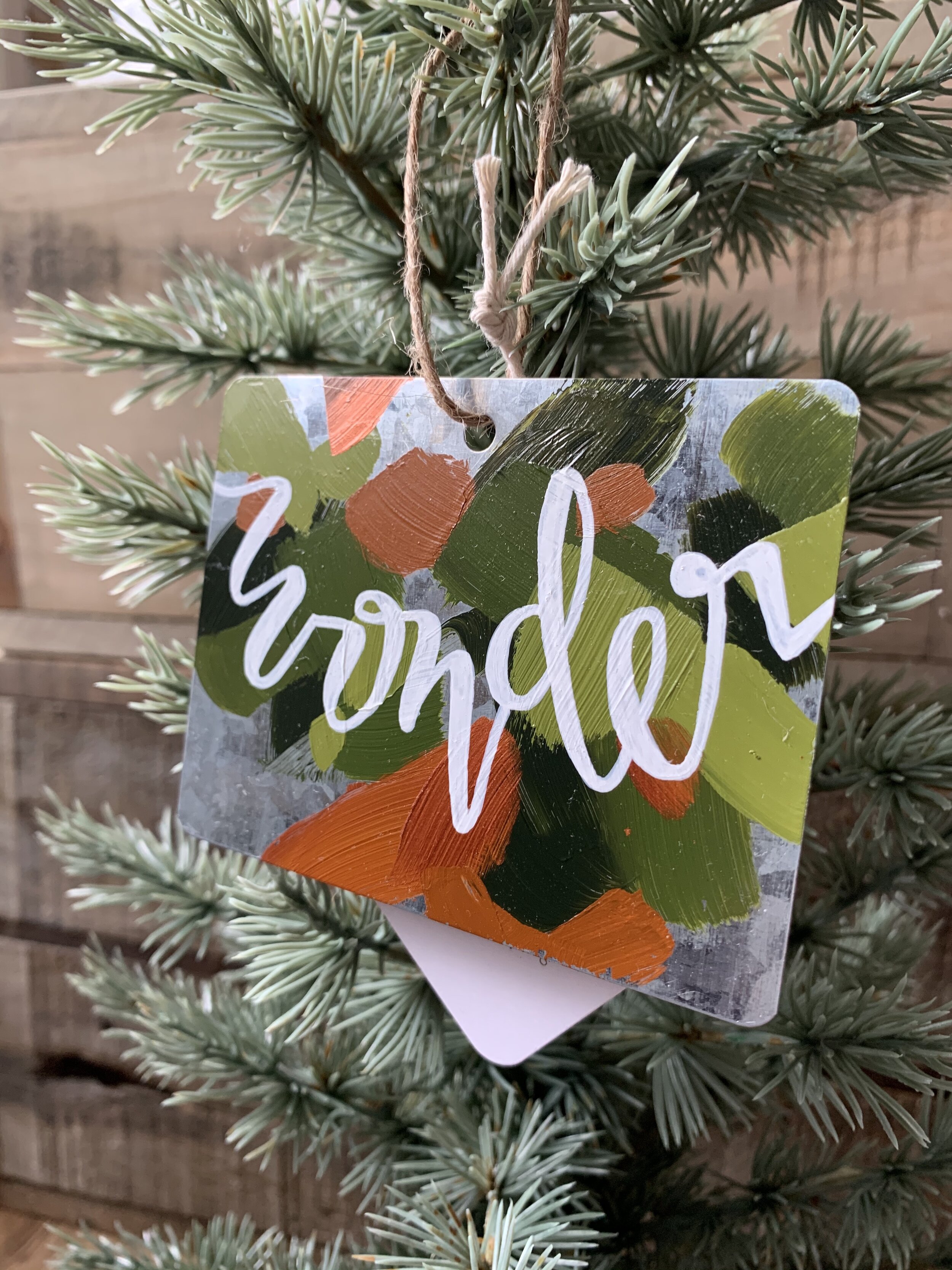 Metal Ornament - "Wonder" - Rectangle - Greens and Oranges