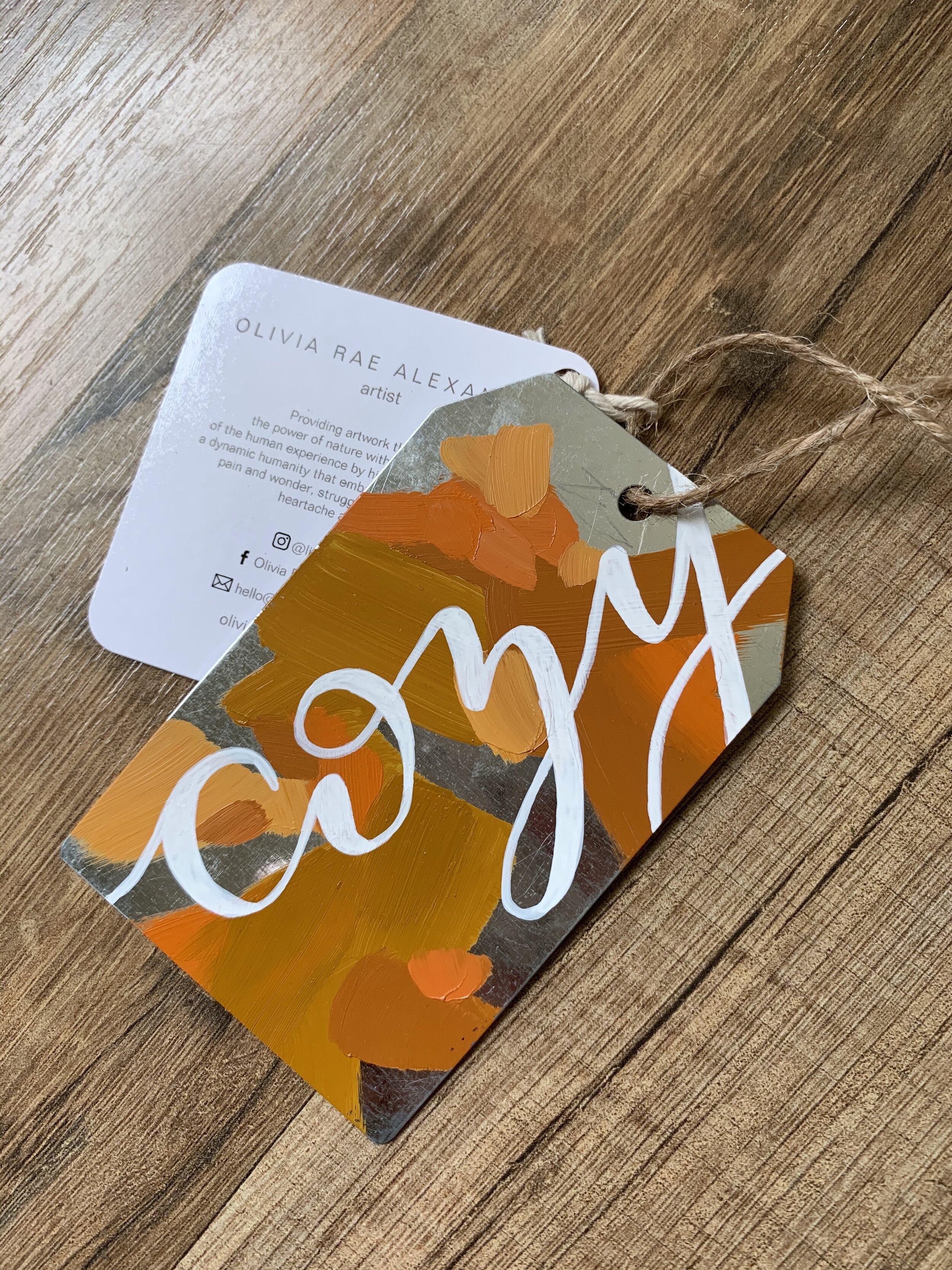 Metal Ornament - "Cozy" - Gift Tag Shape - Oranges
