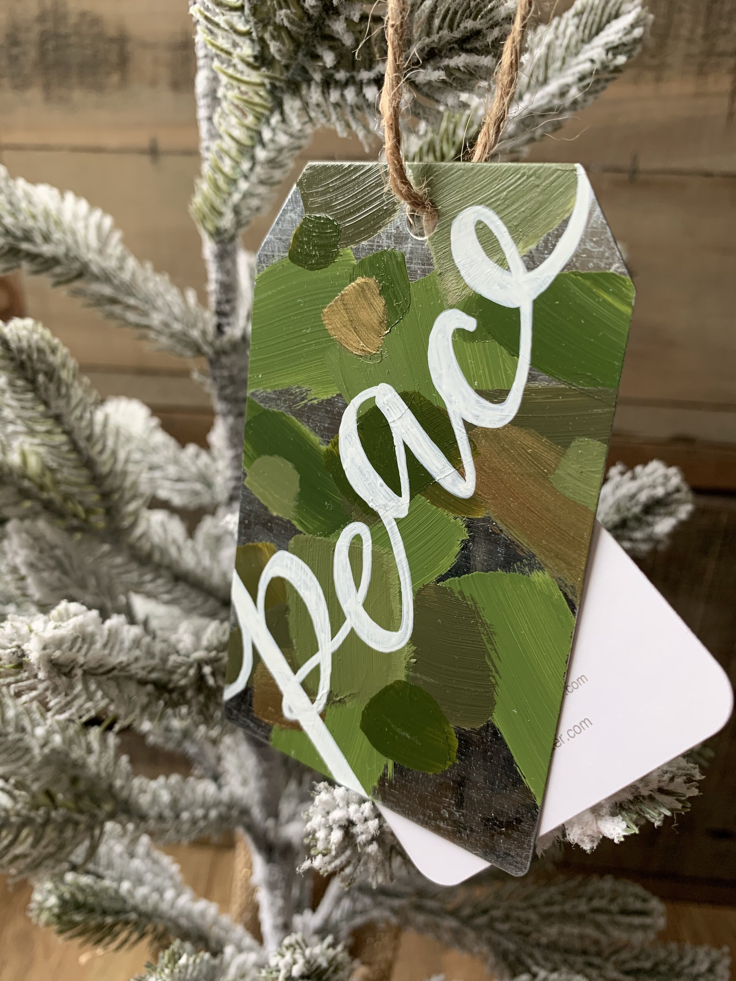 Metal Ornament - "Peace" - Gift Tag Shape - Greens and Golds
