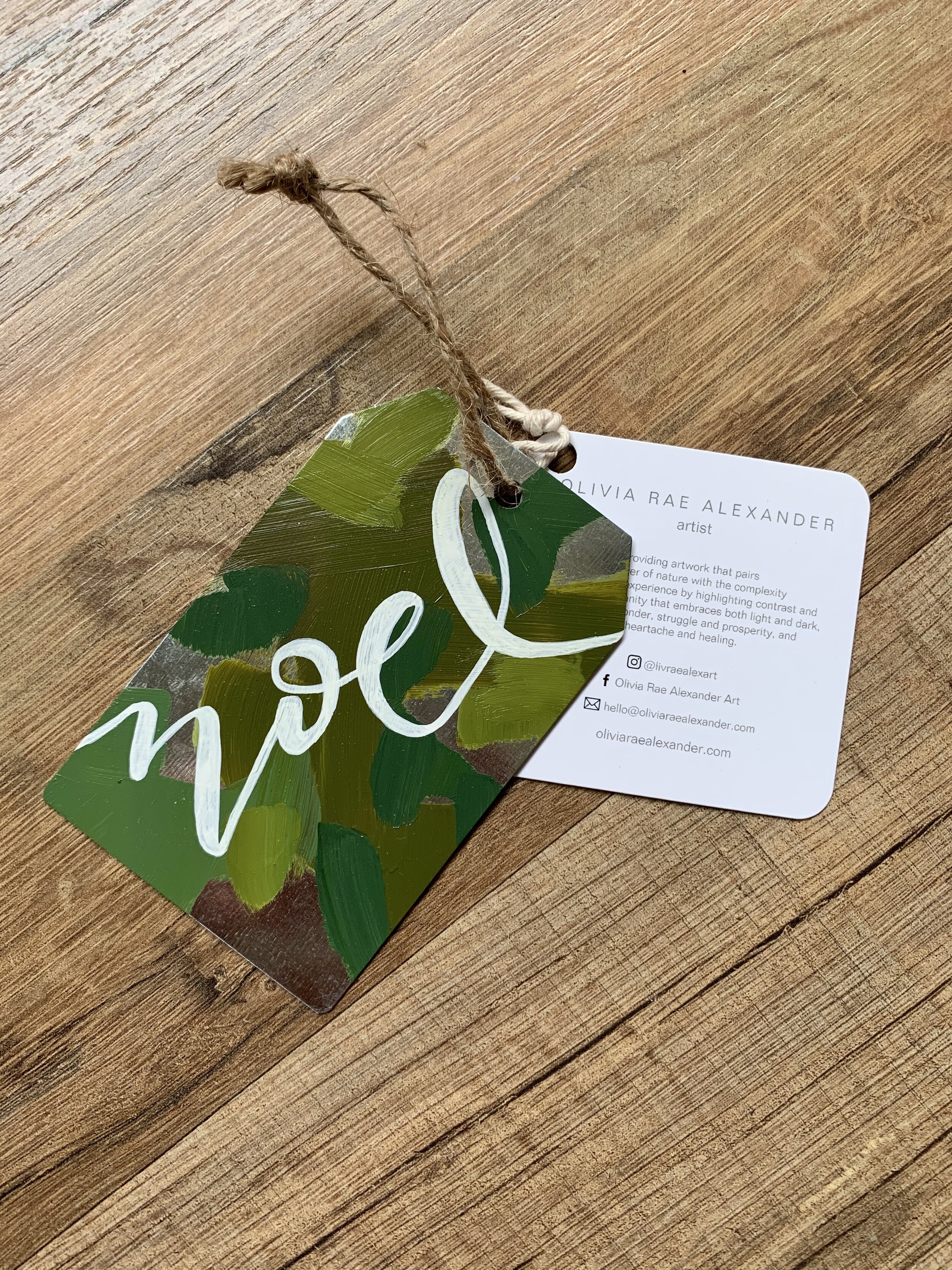 Metal Ornament - "Noel" - Gift Tag Shape - Greens