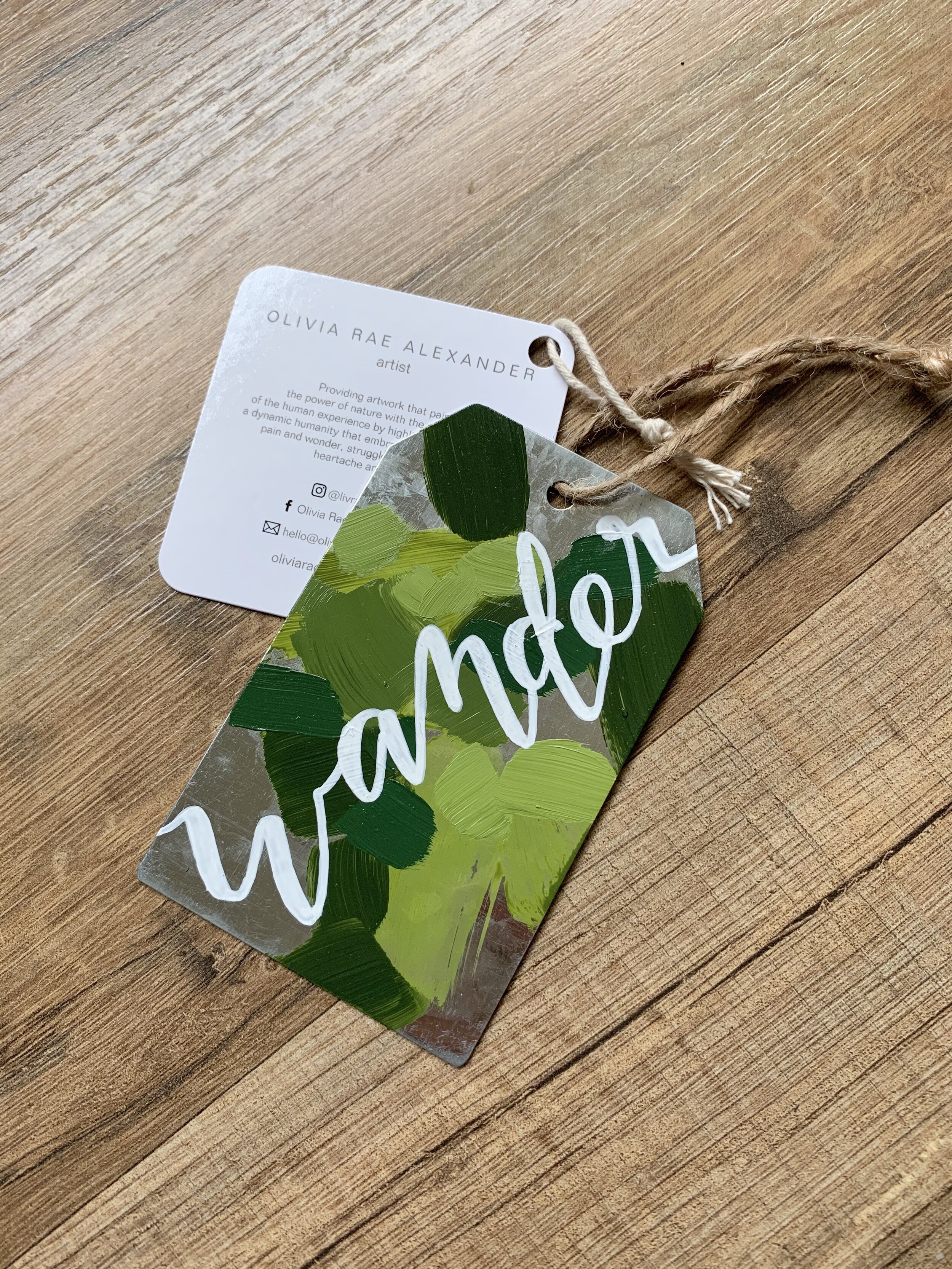 Metal Ornament - "Wander" - Gift Tag Shape - Greens
