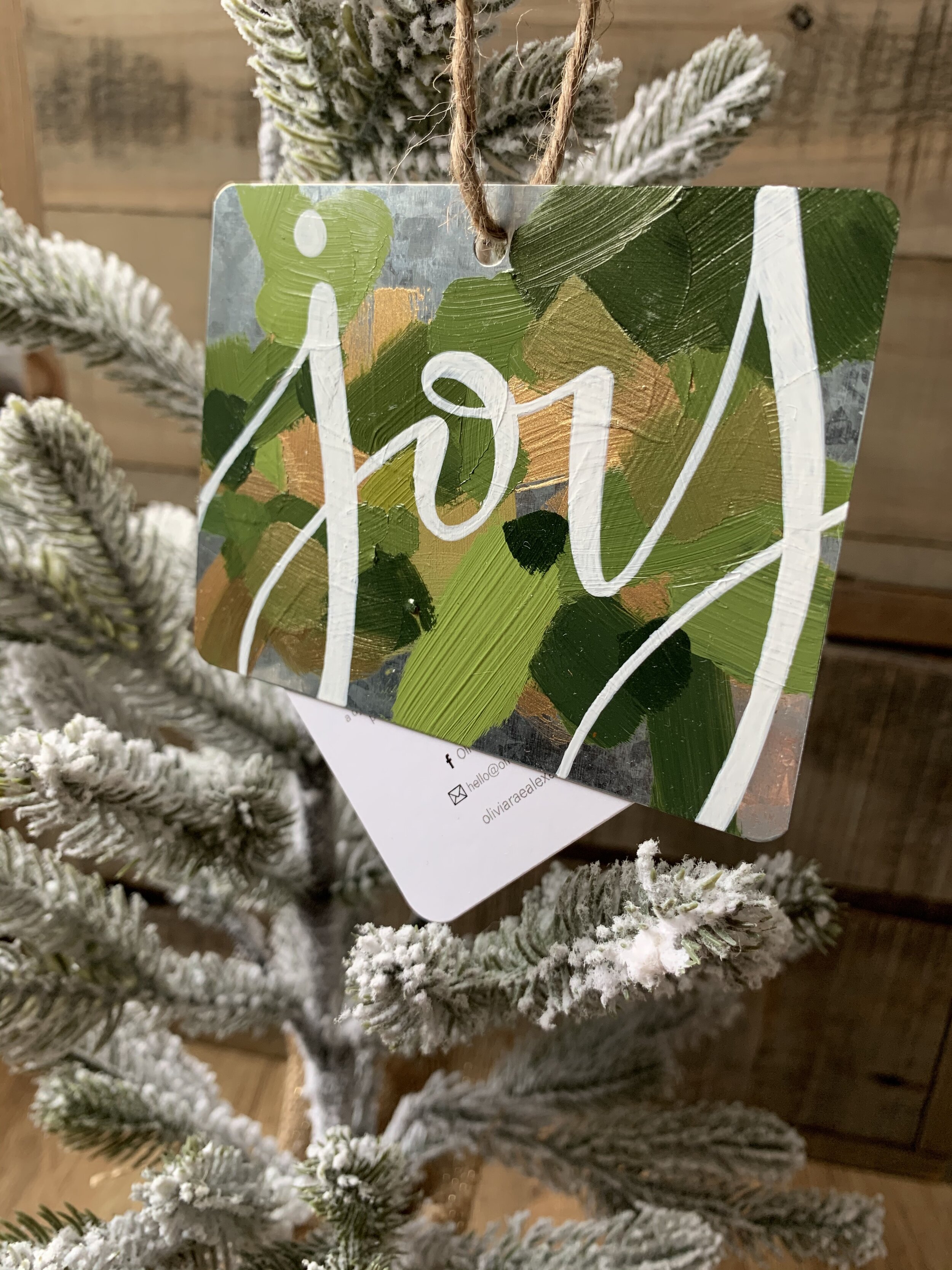 Metal Ornament - "Joy" - Rectangle - Greens and Gold