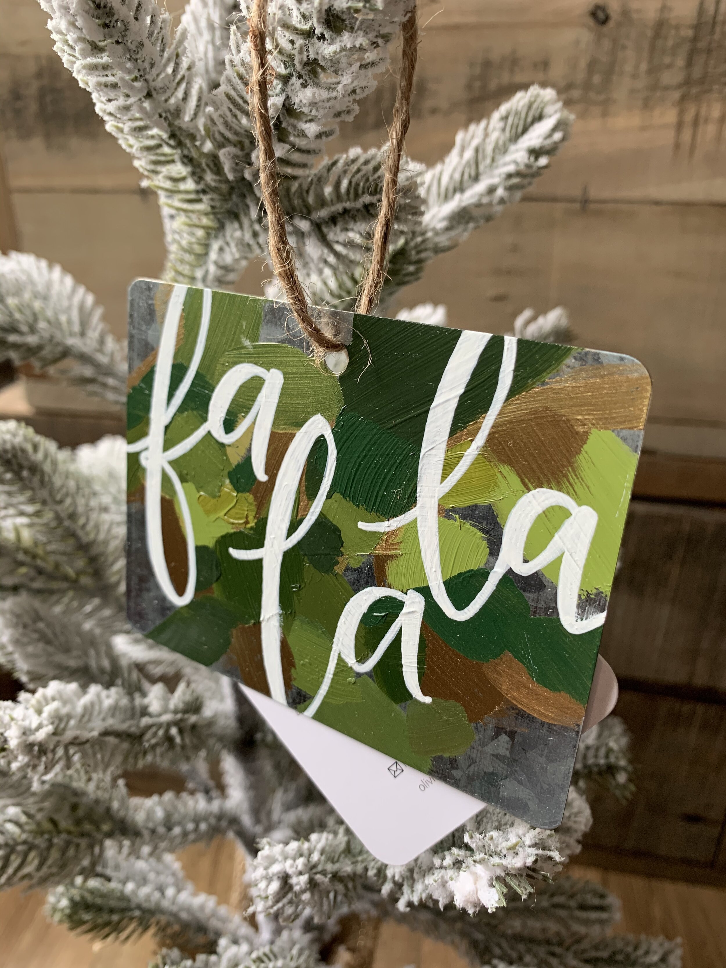 Metal Ornament - "Fa La La" - Rectangle - Greens and Gold