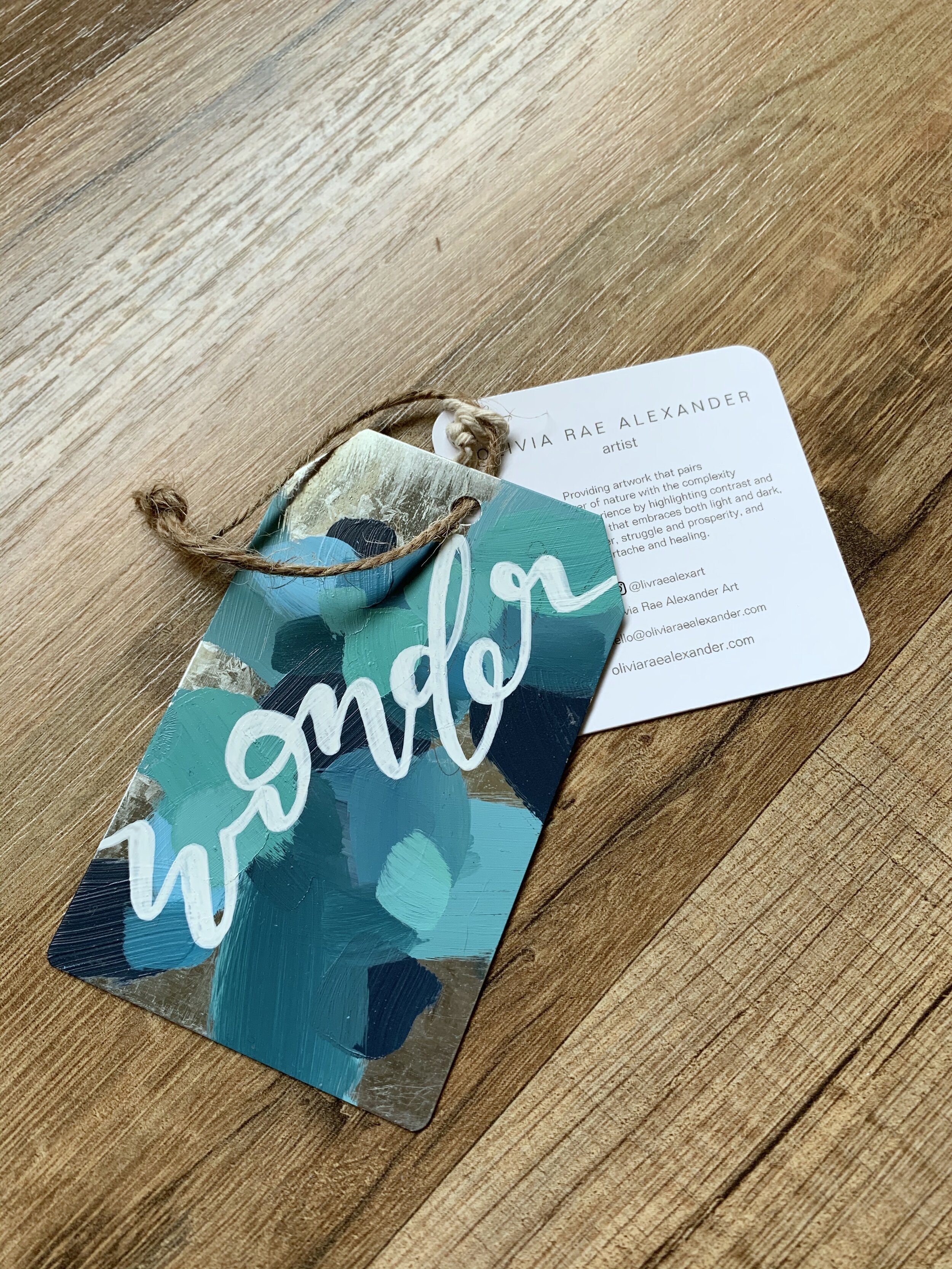 Metal Ornament - "Wonder" - Gift Tag Shape - Blues and Navy