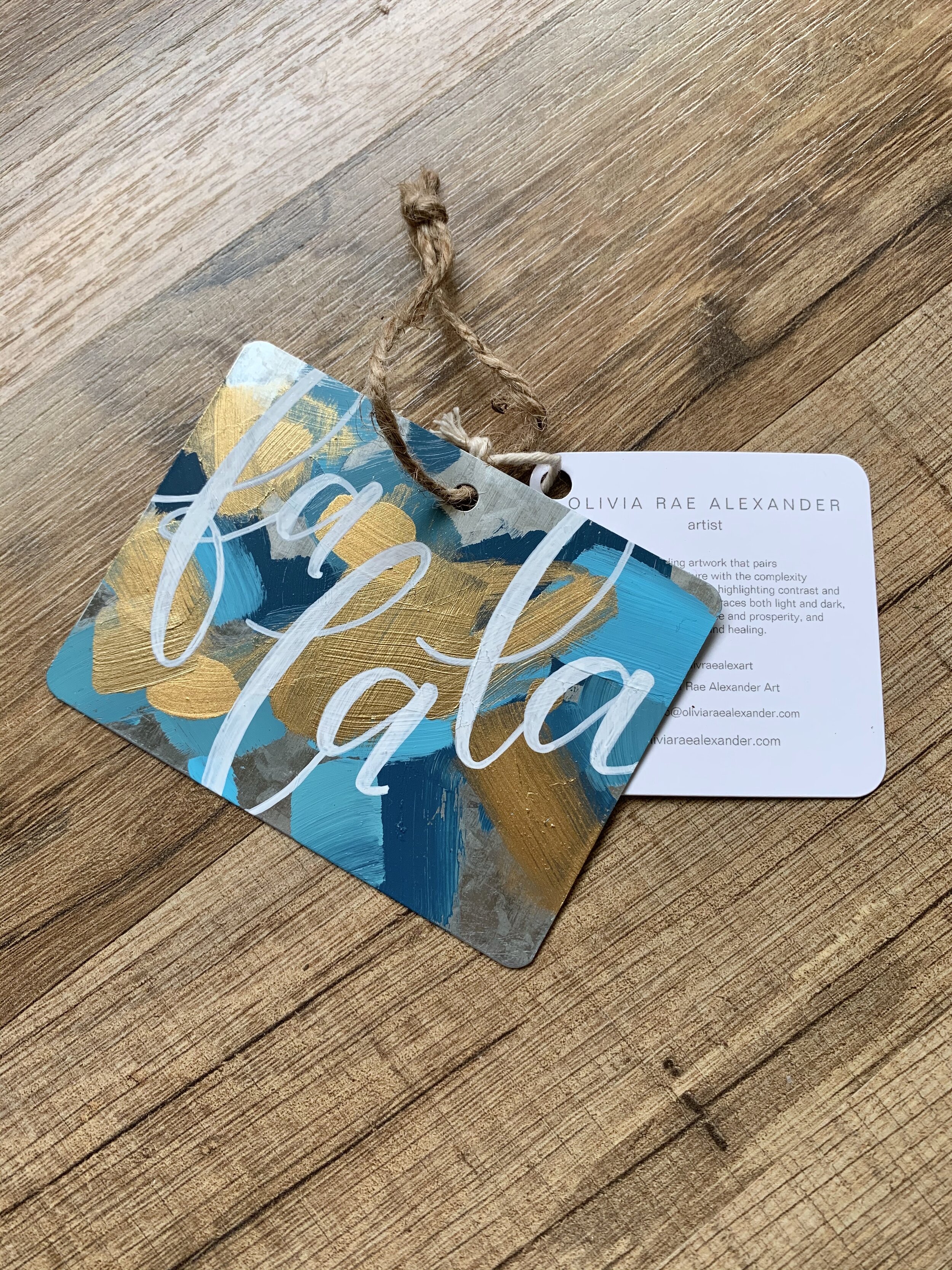 Metal Ornament - "Fa La La - Rectangle - Blues and Gold