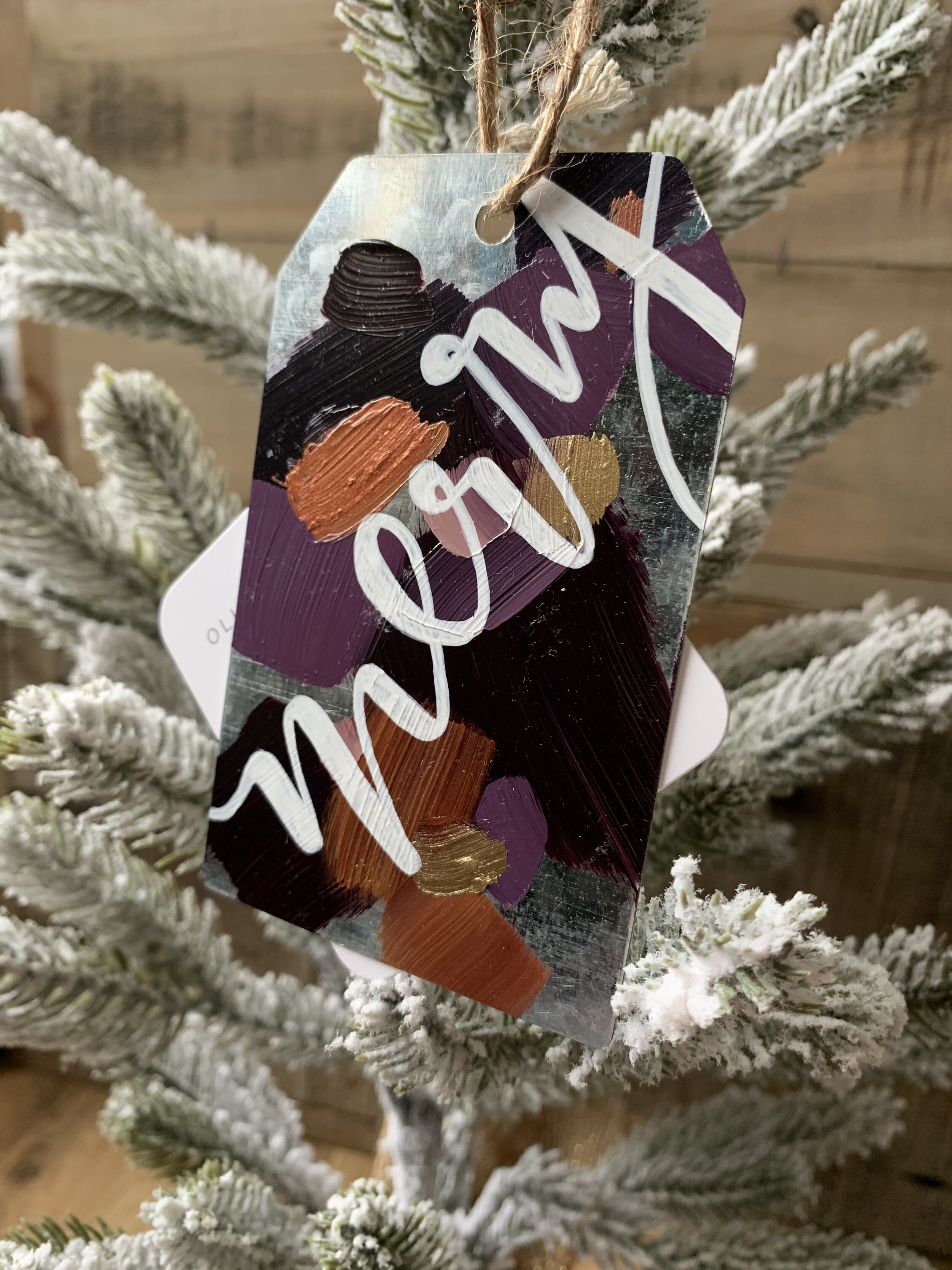 Metal Ornament - "Merry" - Gift Tag Shape - Burgundy, Mauve, Copper, and Gold