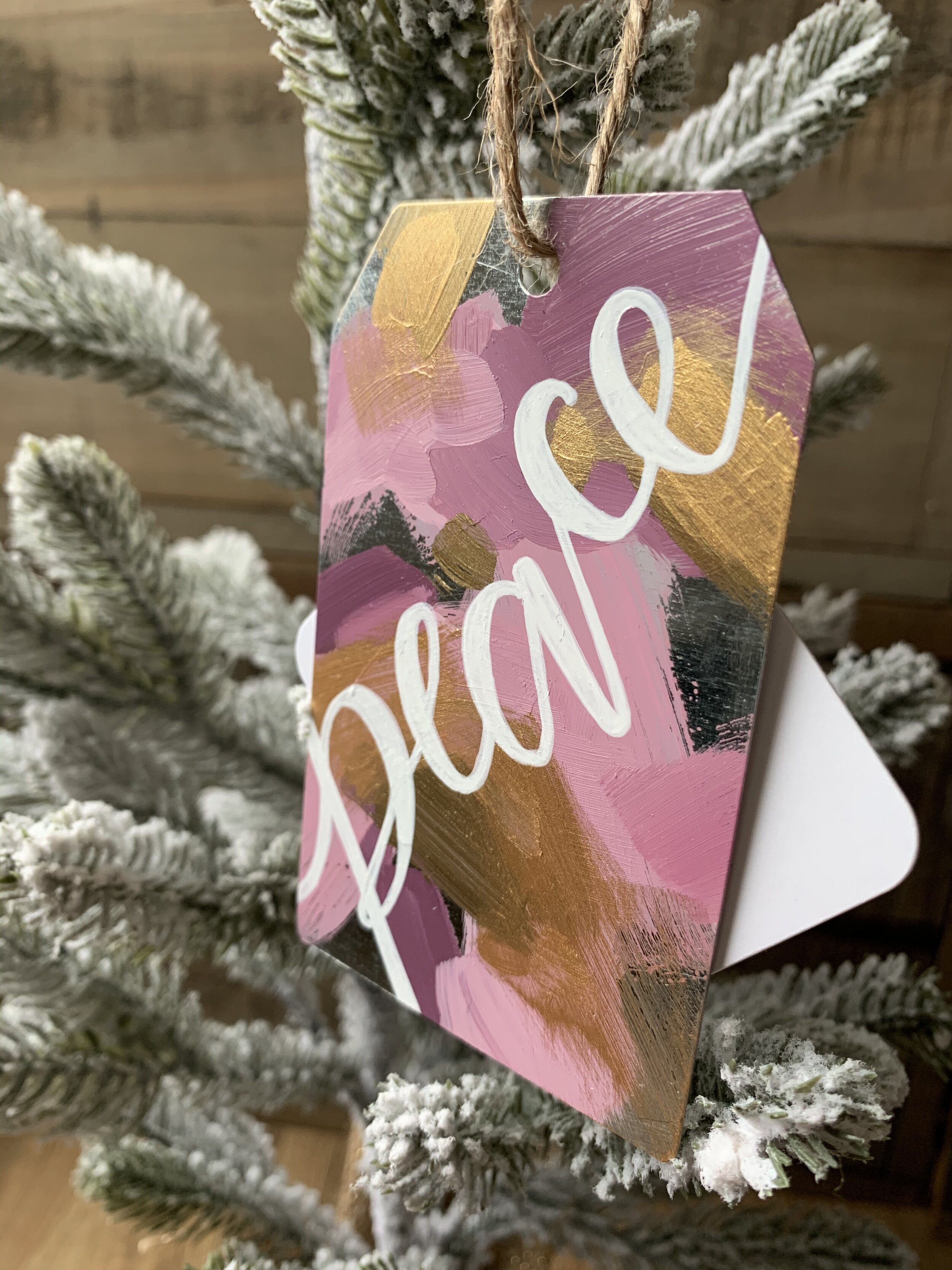 Metal Ornament - "Peace" - Gift Tag Shape - Pinks and Gold  