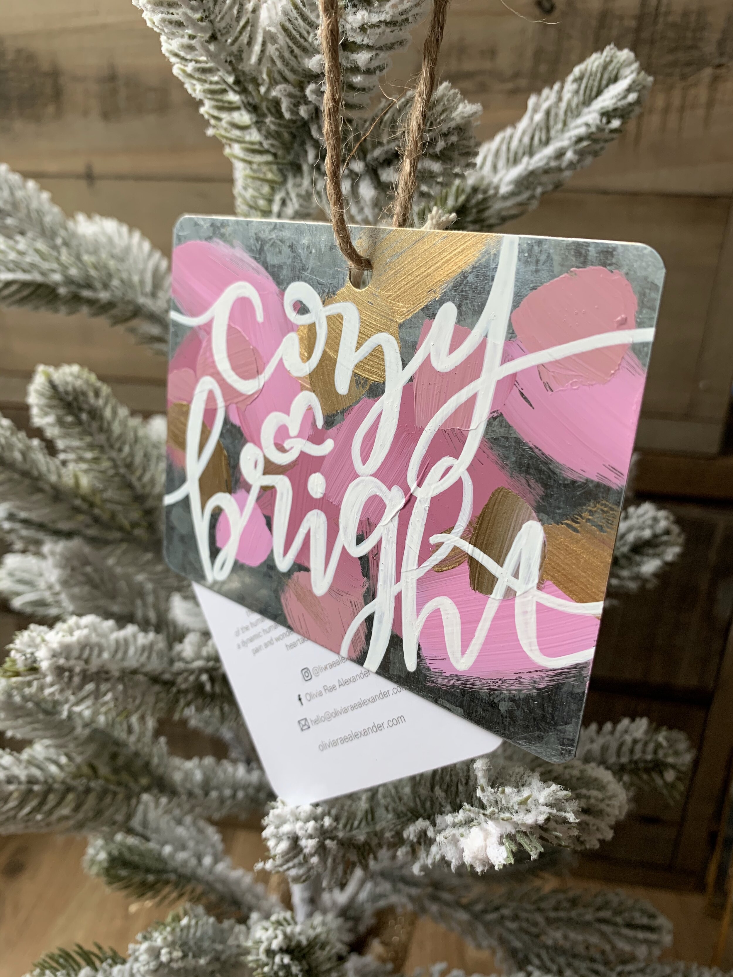 Metal Ornament - "Cozy &amp; Bright" - Rectangle - Pinks and Golds  10.00