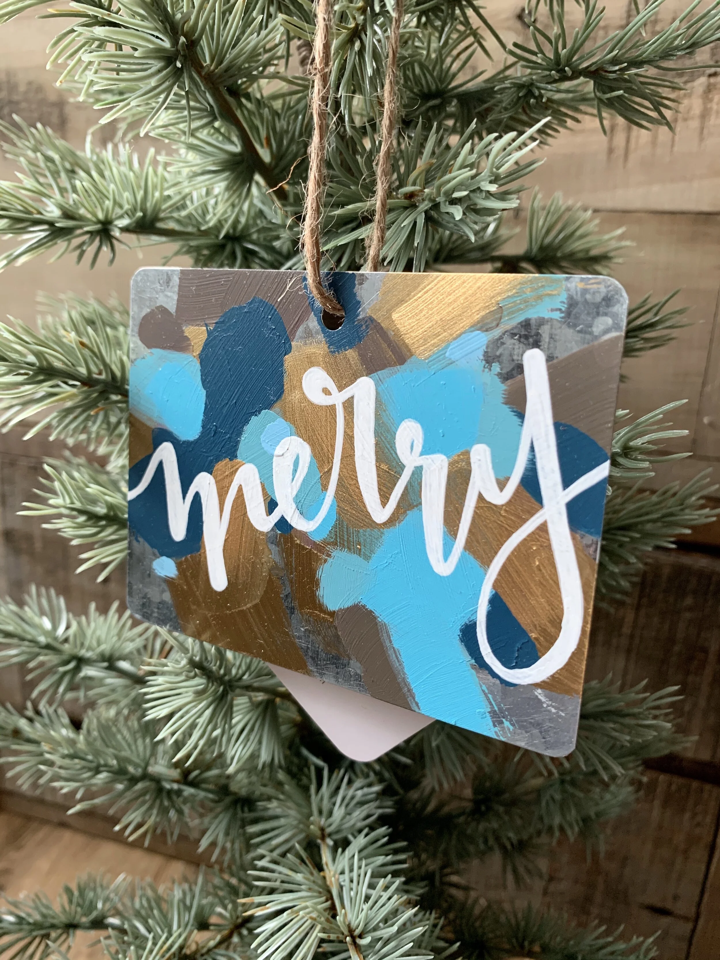 Metal Ornament - "Merry" - Rectangle - Blues and Gold