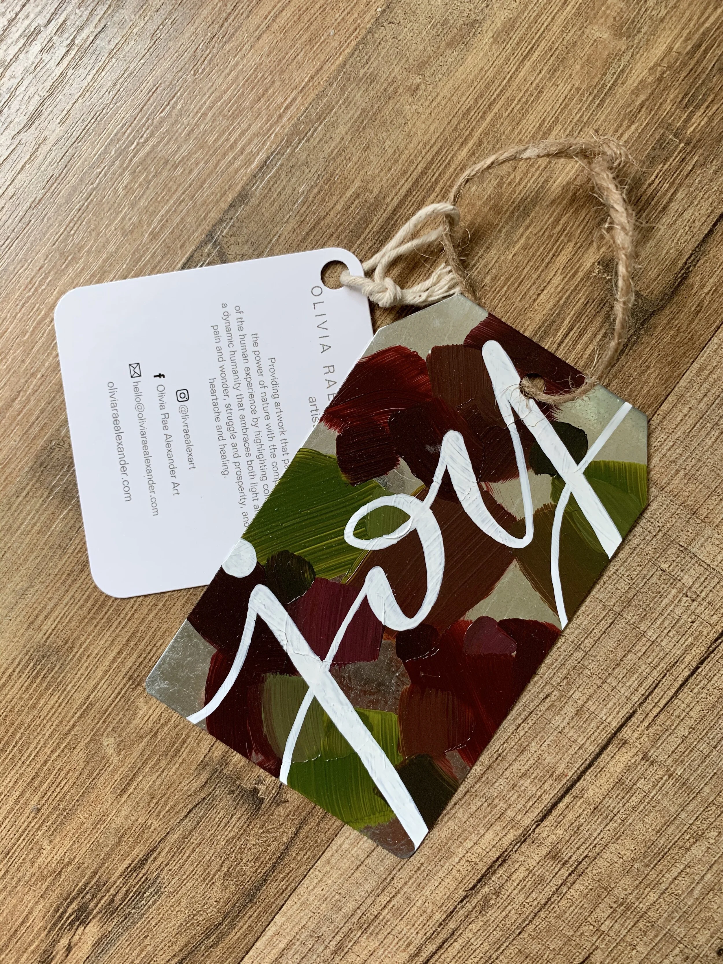 Metal Ornament - "Joy" - Gift Tag Shape - Burgundies and Greens