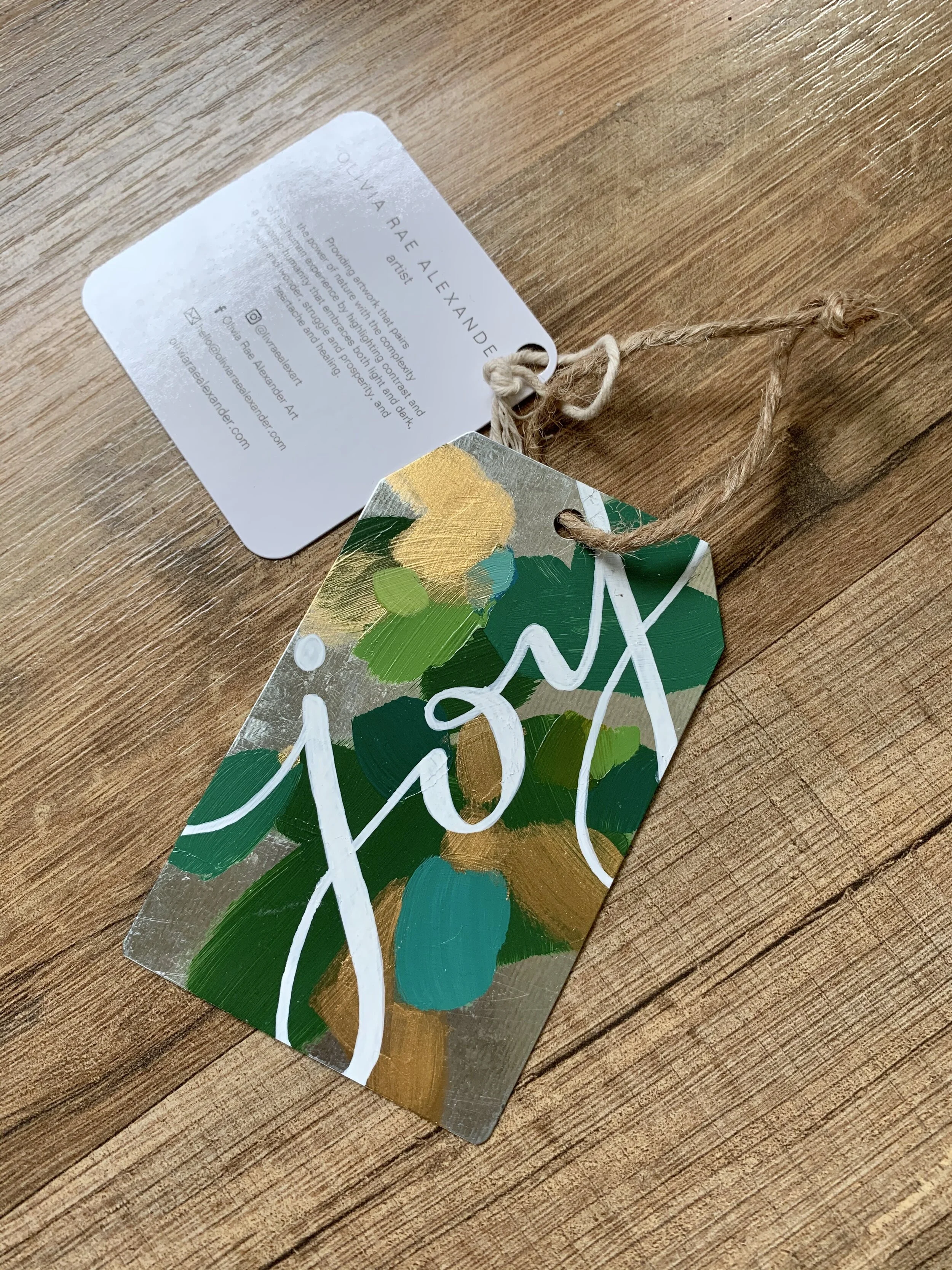 Metal Ornament - "Joy" - Gift Tag Shape - Greens with Teal and Gold