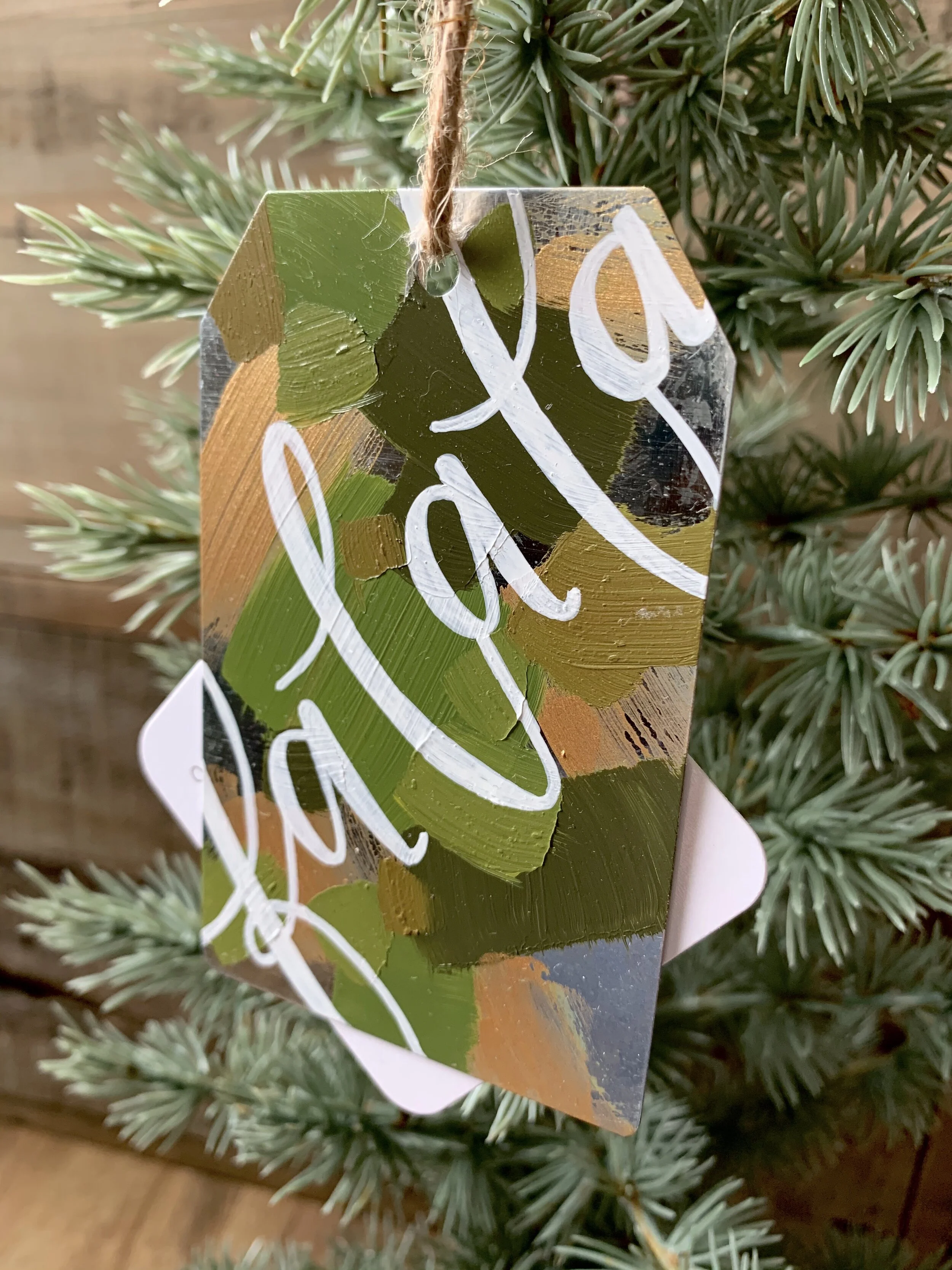 Metal Ornament - "Fa La La" - Gift Tag Shape - Greens