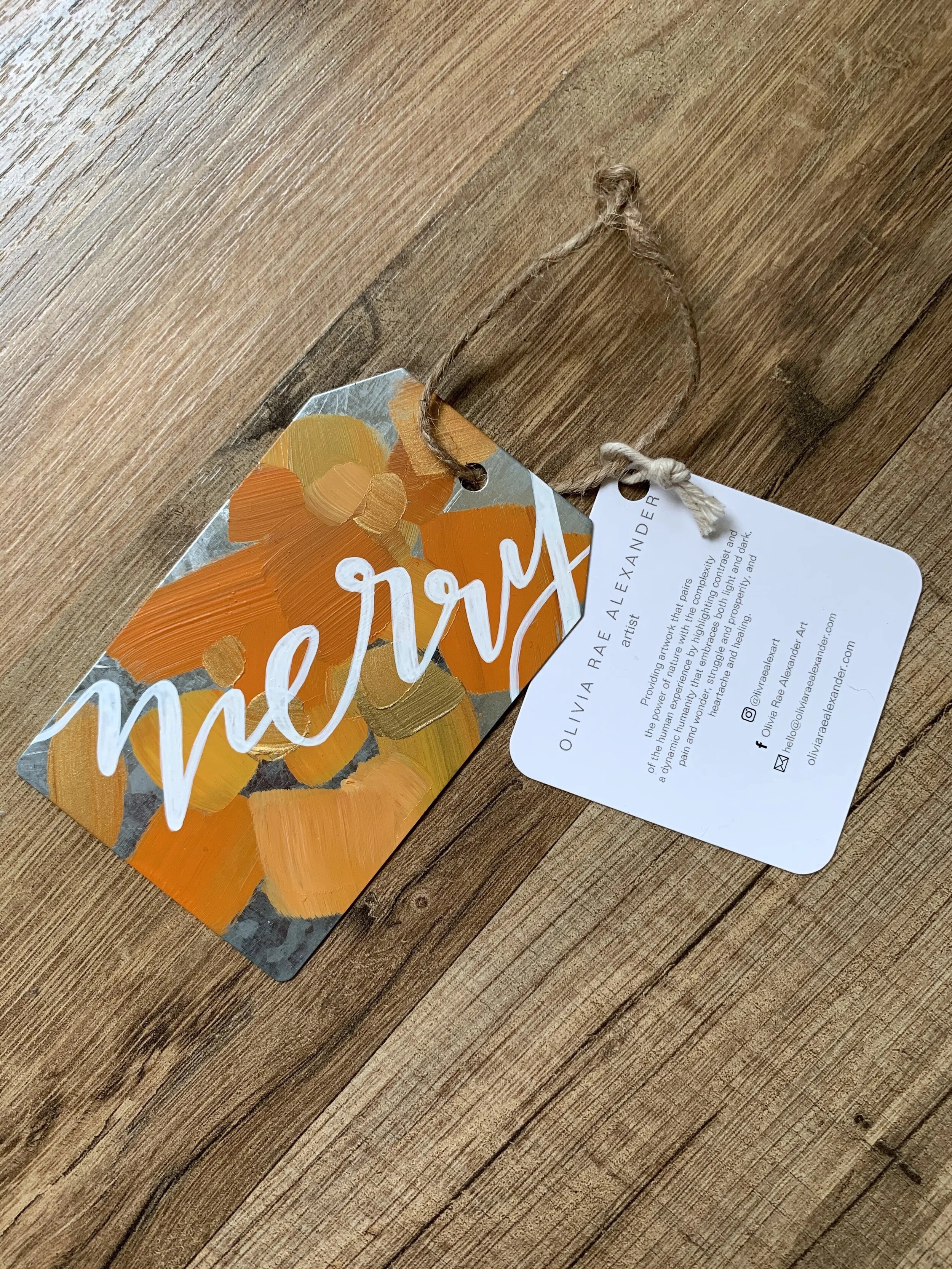 Metal Ornament - "Merry" - Gift Tag Shape - Oranges and Gold  