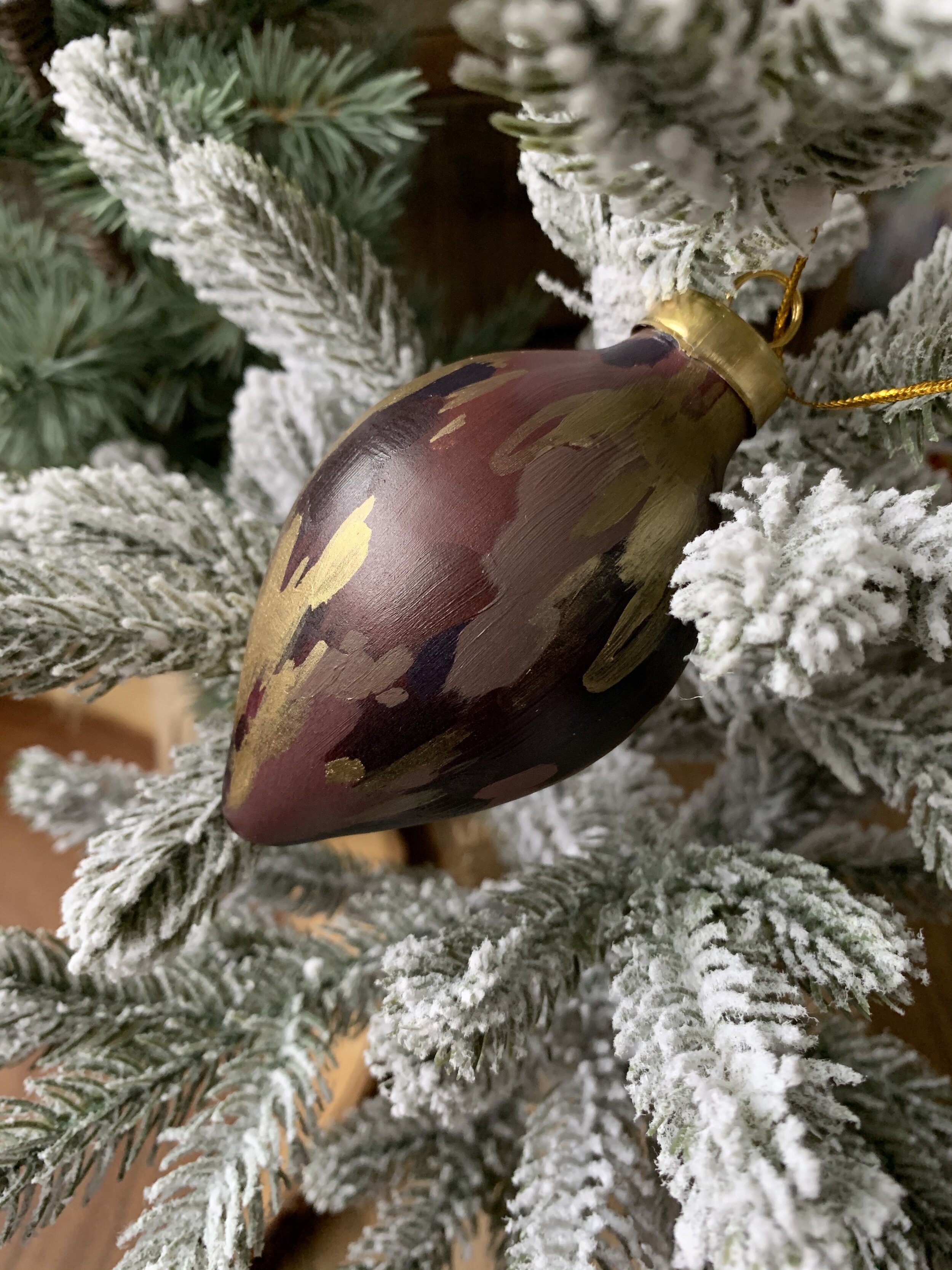 Ceramic Ornament - Elongated Bulb - Burgundy, Mauve, and Gold