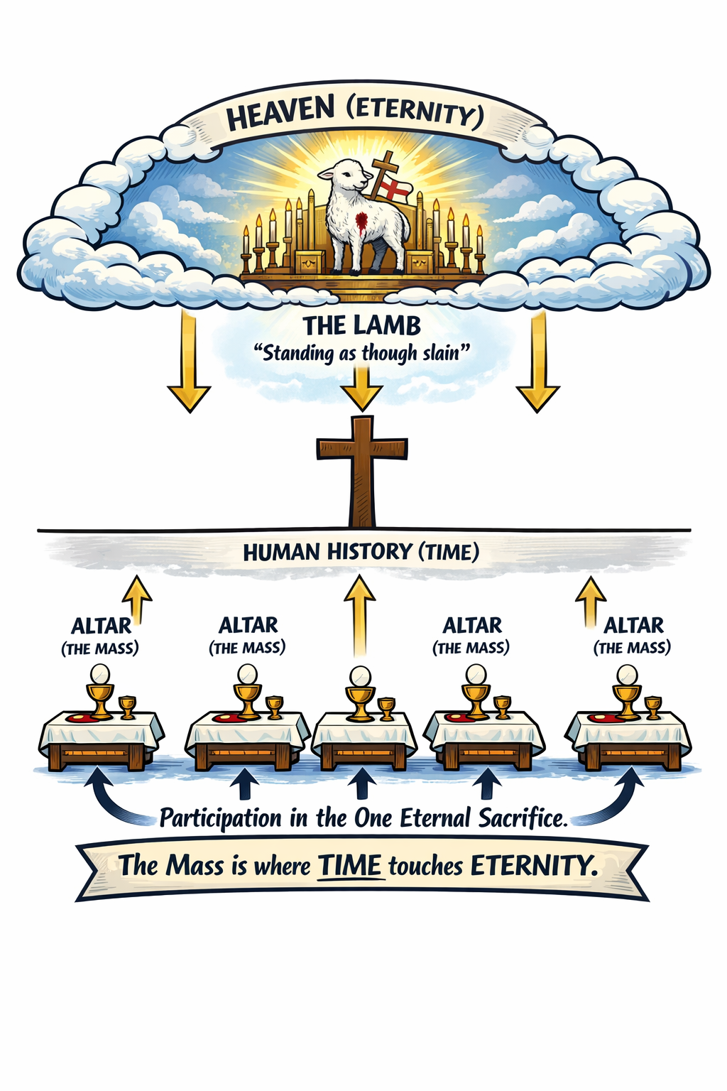 the Lamb of God in Heaven and the altars of Holy Mass on Earth with the cross at the center of human history.