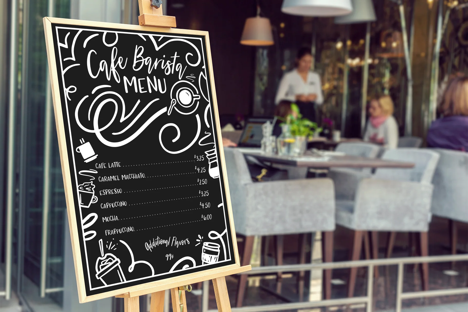 Copy of Blank restaurant menu blackboard with blury people