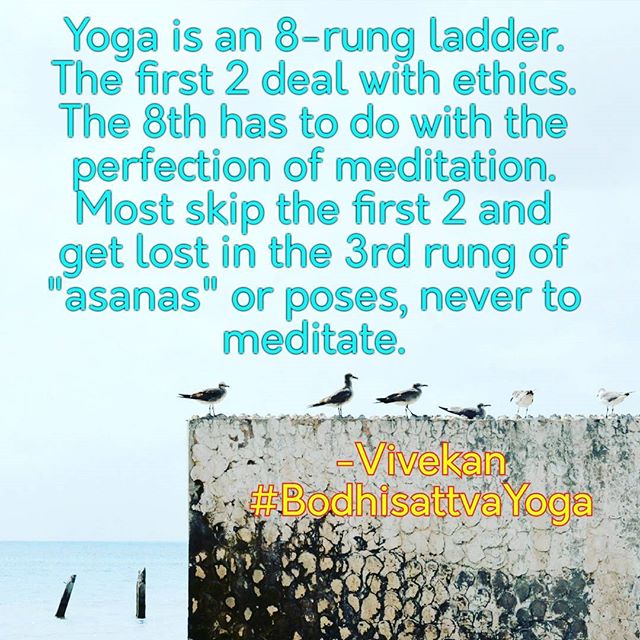 Most of today's yoga enthusiasts are lost on the meaning of Yoga. They get caught on the third rung of an 8-rung ladder and wander about aimlessly and self-inflatedly.
They miss the first and second rungs introducing the topic of discipline, and get lost on the 3rd rung - dealing exclusively with poses - never to make it to the 8th rung, Supreme Meditation.
Don't get lost on the poses! As many of their names indicate, even animals can engage them; but, aside from homo sapiens, animals cannot experience Supreme Meditation, i.e., Yoga. -Vivekan founder of Bodhisattva Yoga