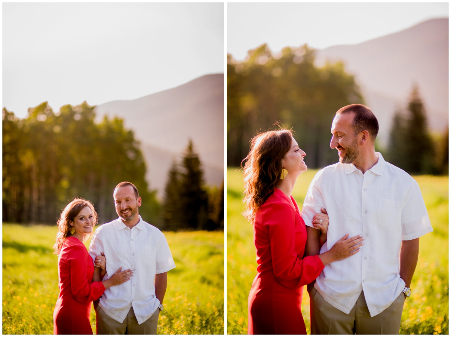 sunset engagement photo in colorado mountain meadow
