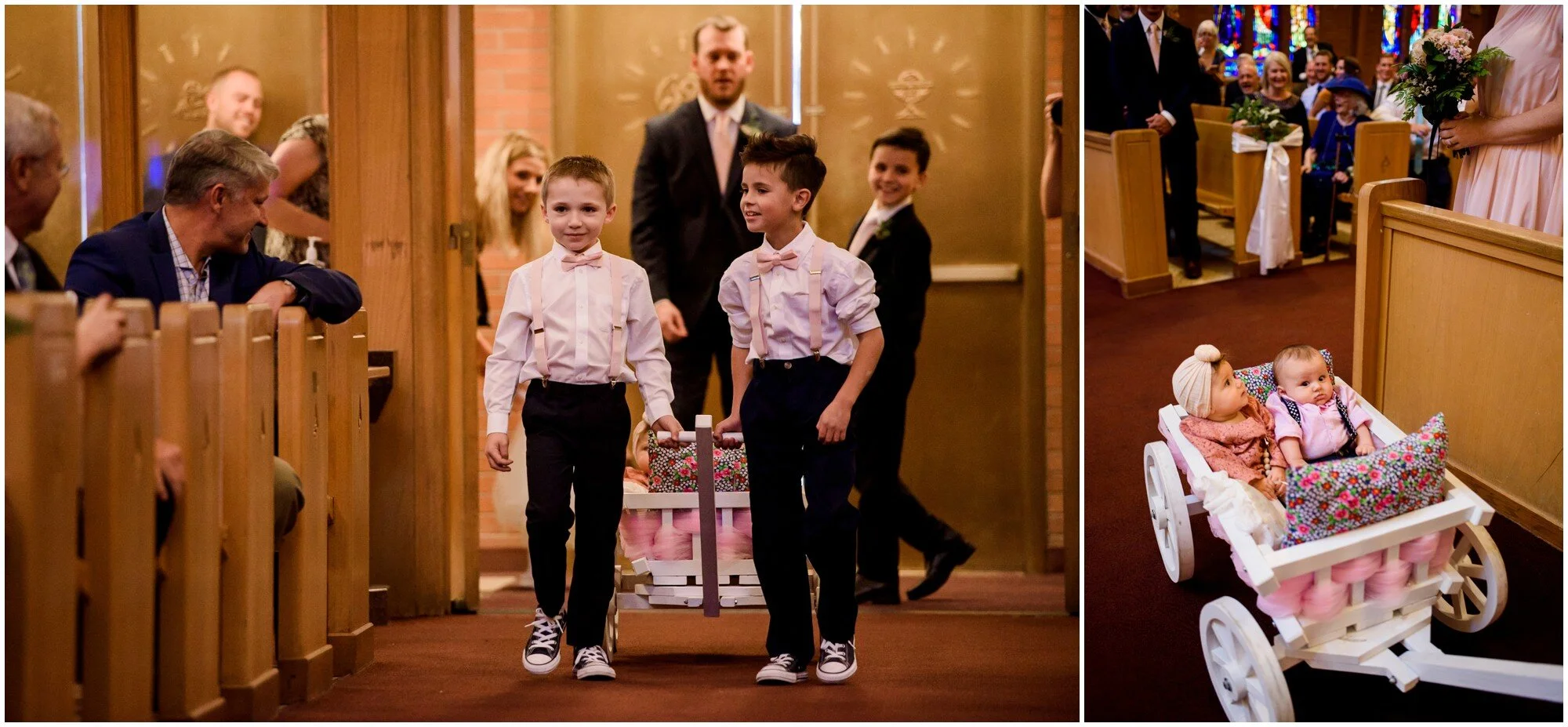 Ring bearers pull baby flower girl and ring bearer in wagon down aisle