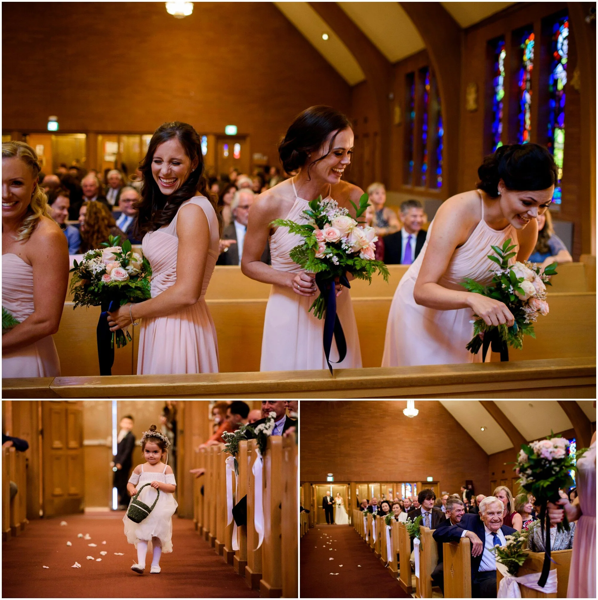 Bridesmaids smile at cute flower girl in flower crown walking down the aisle.