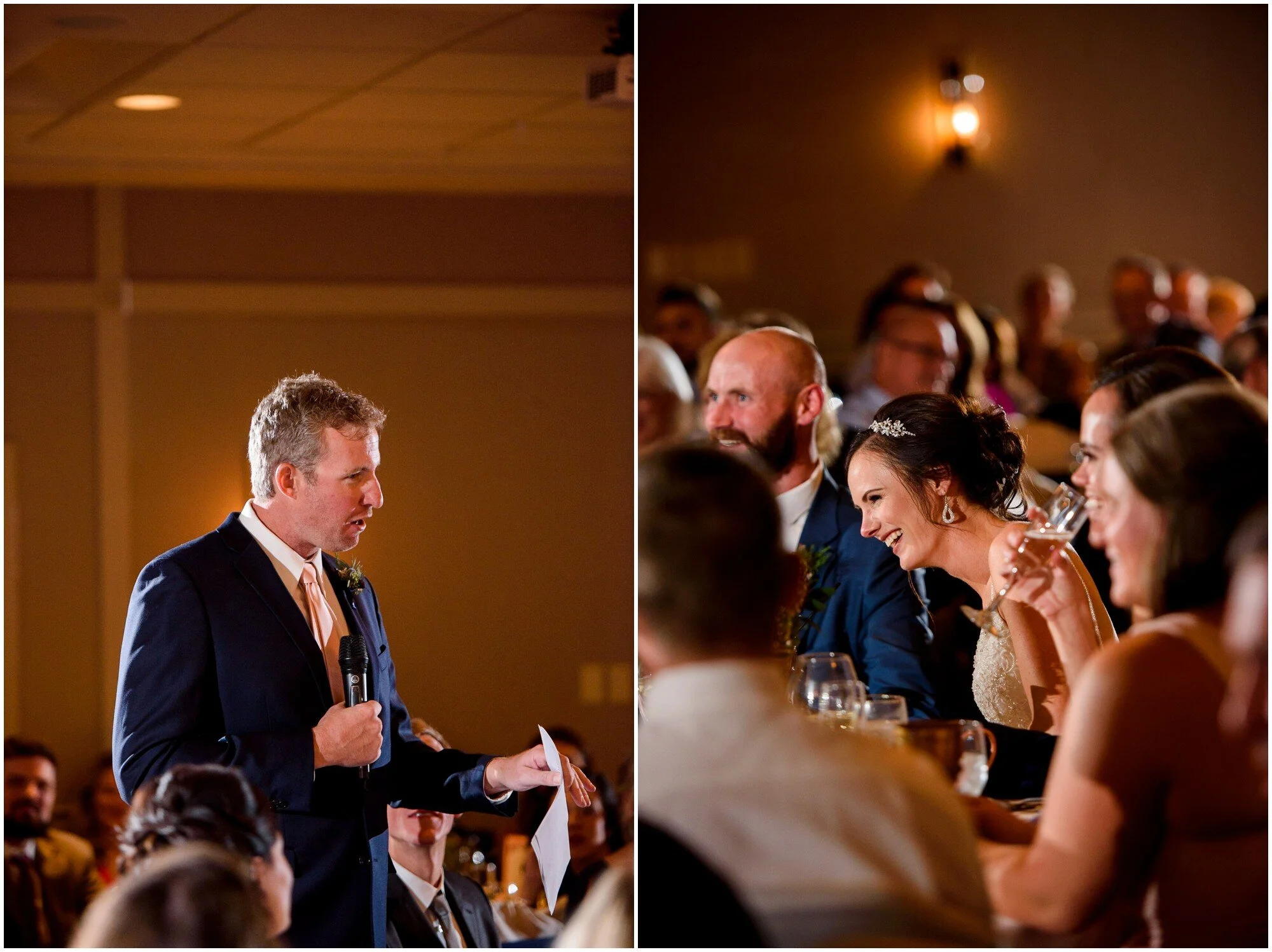 Best man makes funny wedding toast at a Hotel Boulderado wedding reception in Boulder, Colorado