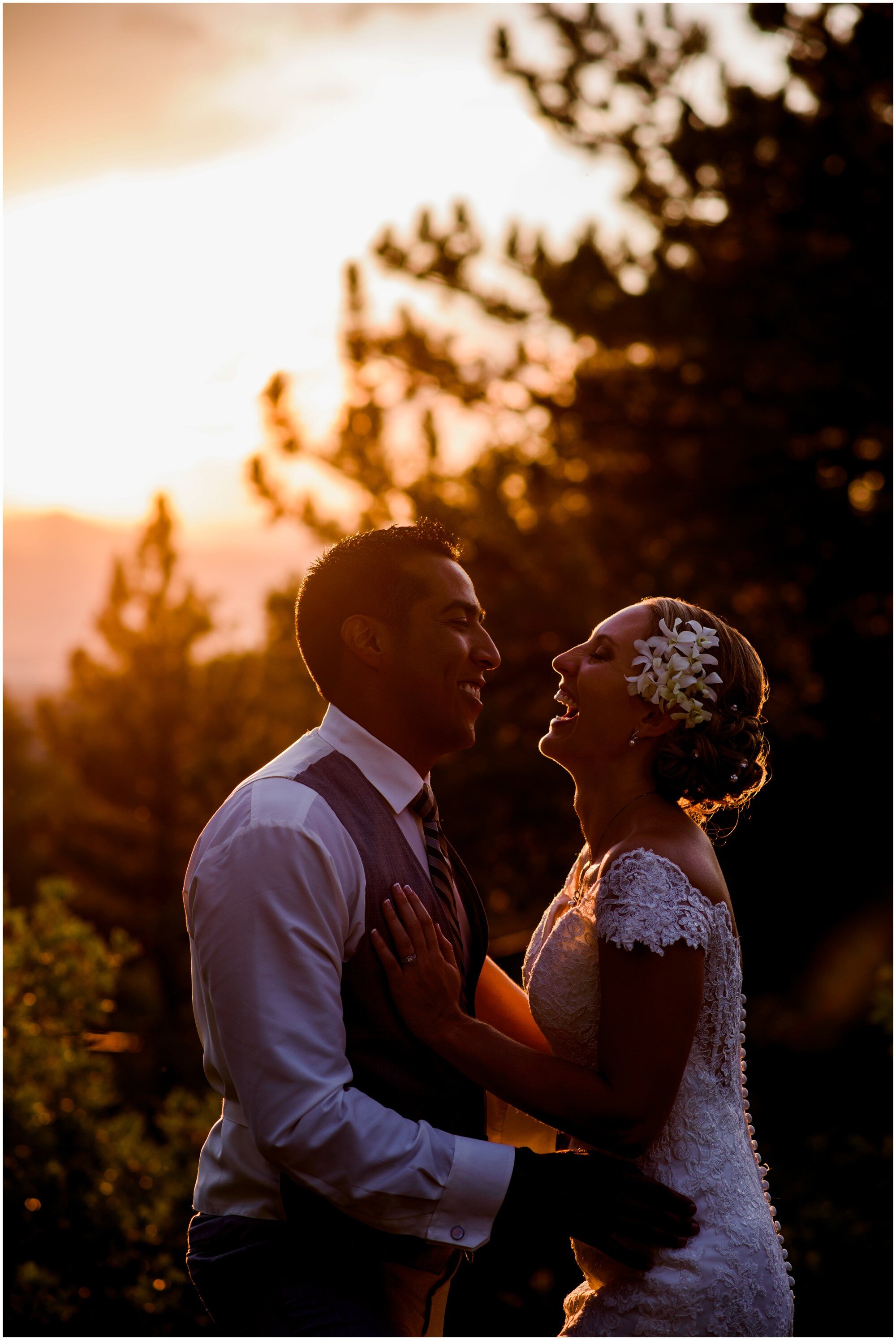 bride and groom laugh in sedalia colorado sunset