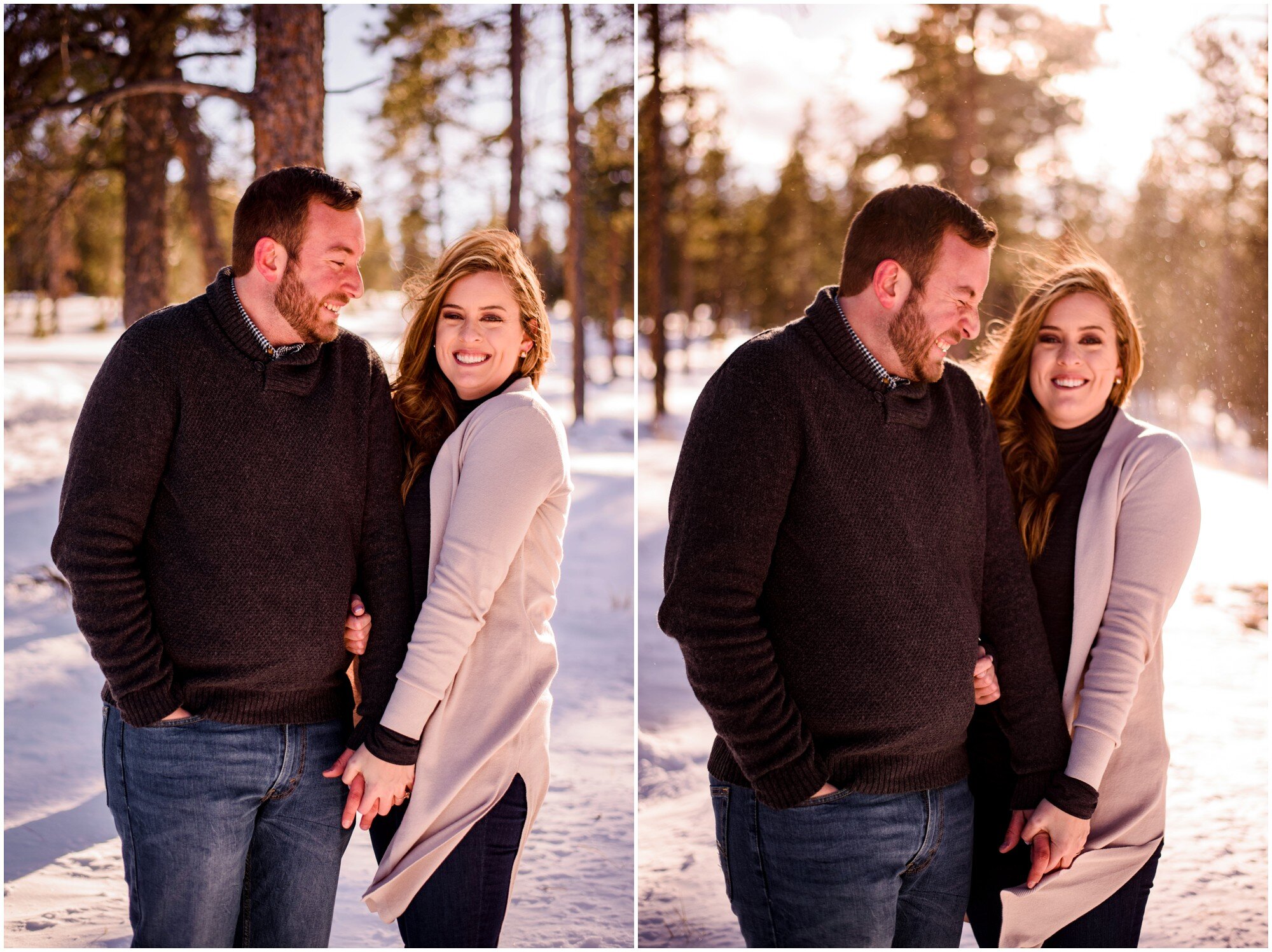 sunny winter engagement photos in mountains