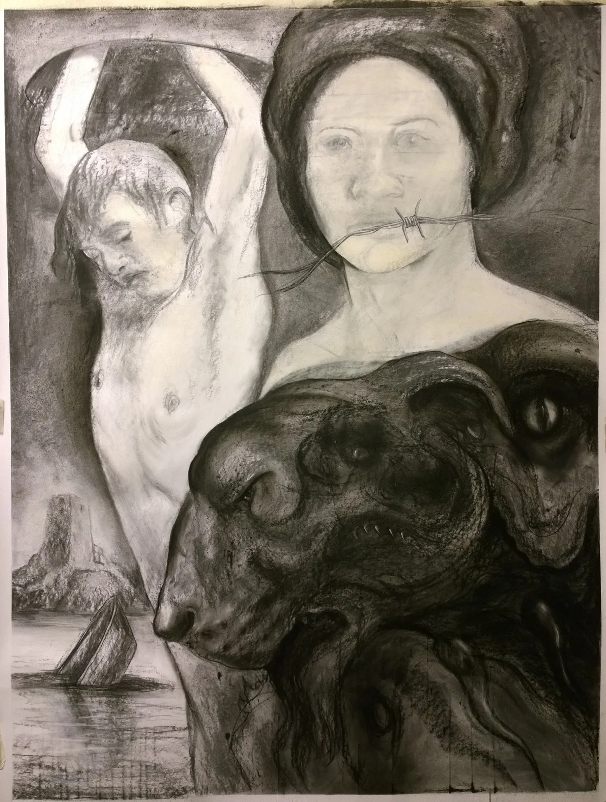 Homo Sacer: night without end. Charocal and chalk on paper. 145 x 105 cm. 2015