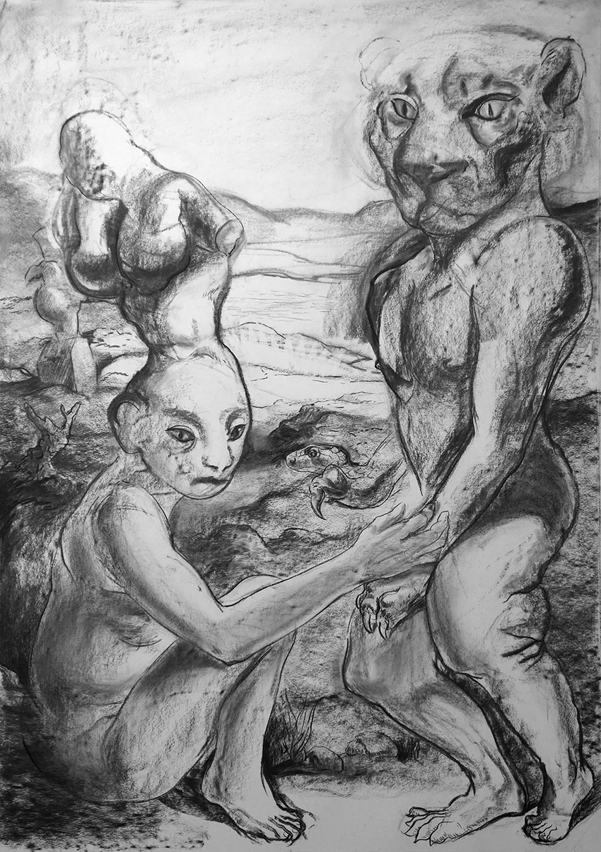 Homo Sacer: mere animals. Charocal and chalk on paper. 145 x 105 cm. 2015