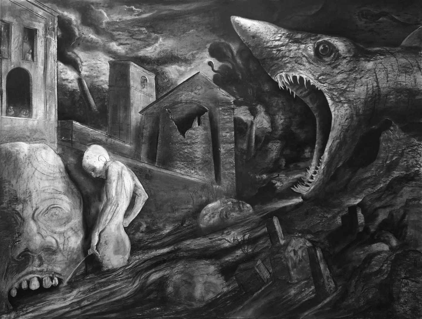 Homo Sacer: extramural. Charcoal and chalk on paper. 150 x 200cm. 2016