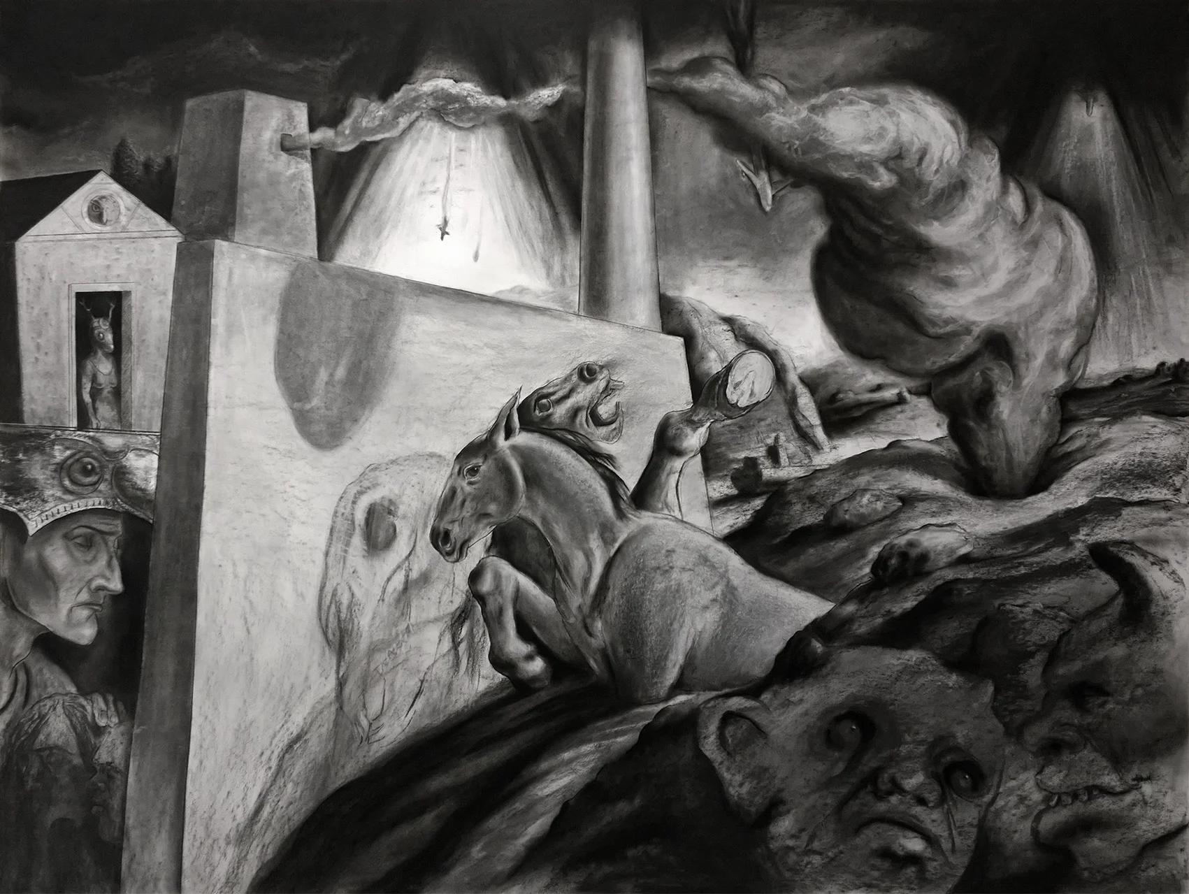 Homo Sacer: walled city (as it all begins to slide). Charcoal and chalk on paper. 150 x 200cm. 2016