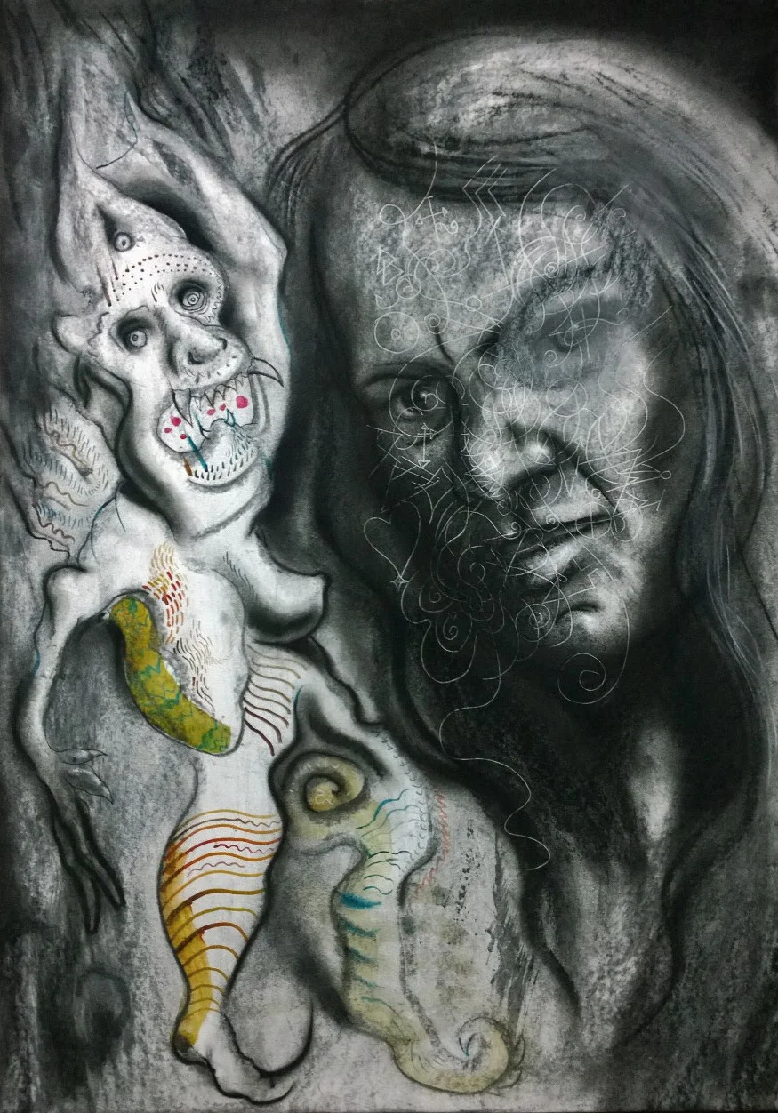 'What are those red things, love, if not love?' - ink, charcoal and chalk.