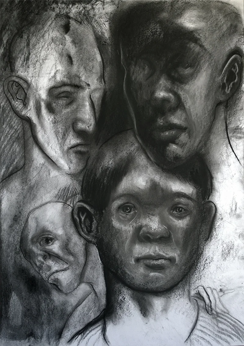 "Four heads" - charcoal and chalk, A2. 2018.