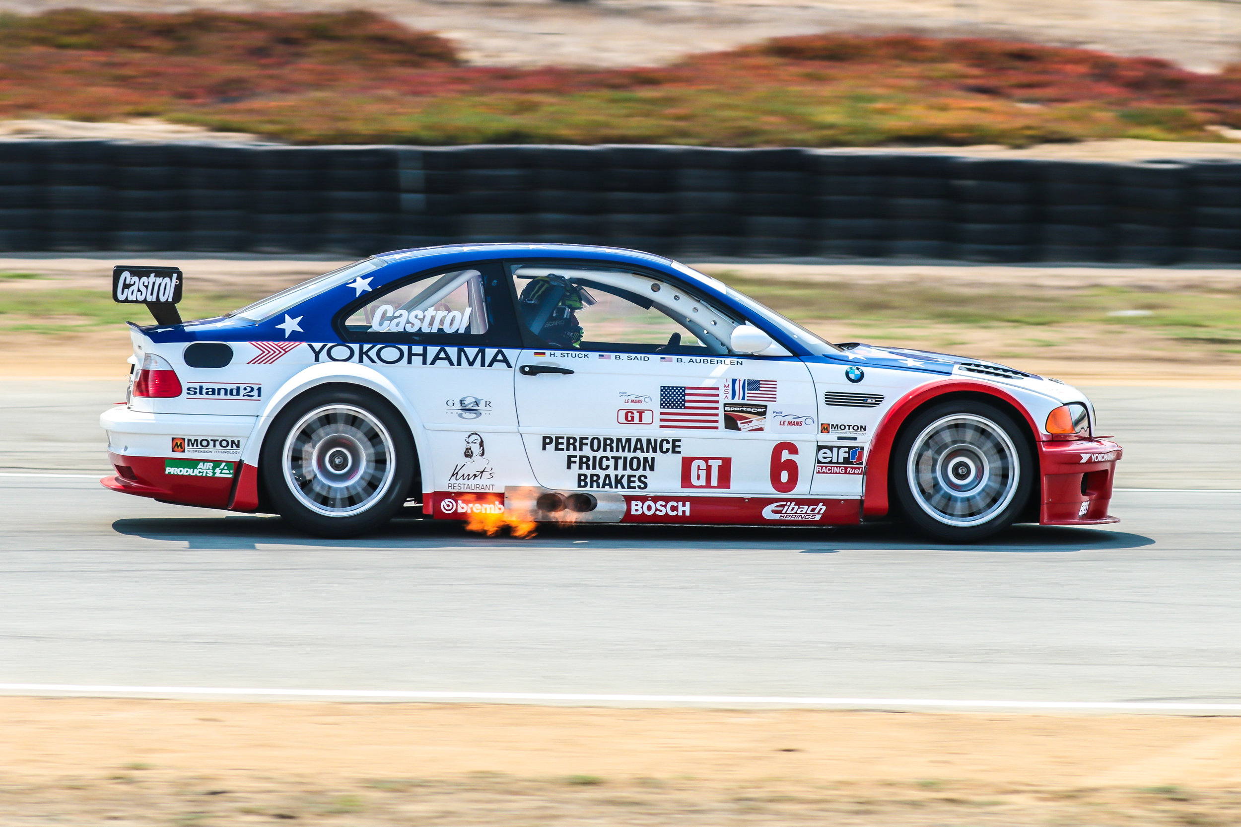 The BMW GTR spits hot fire.