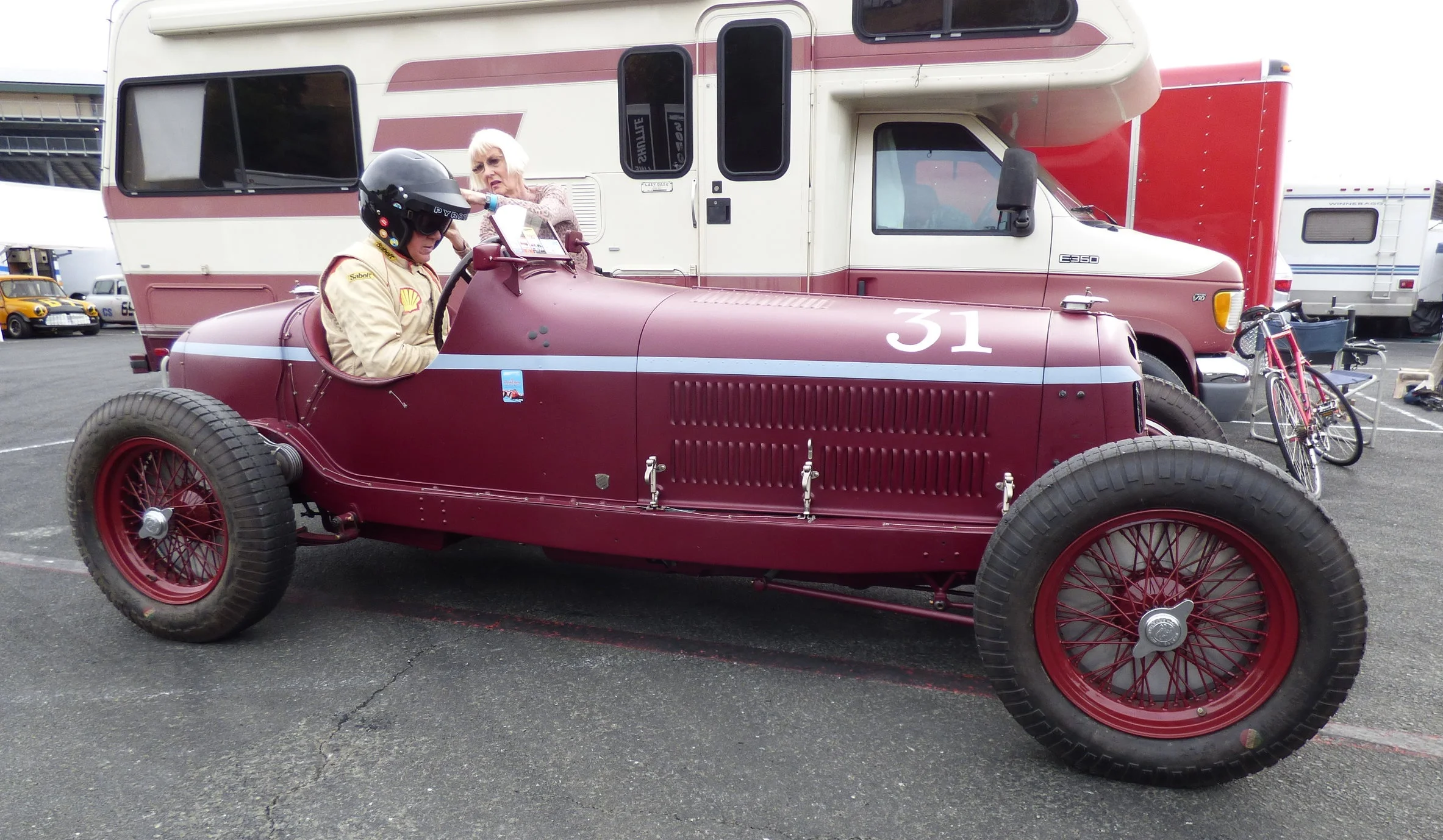 Peter and Judy preparing for battle at the 2016 Sonoma Historic Motorsports Festival