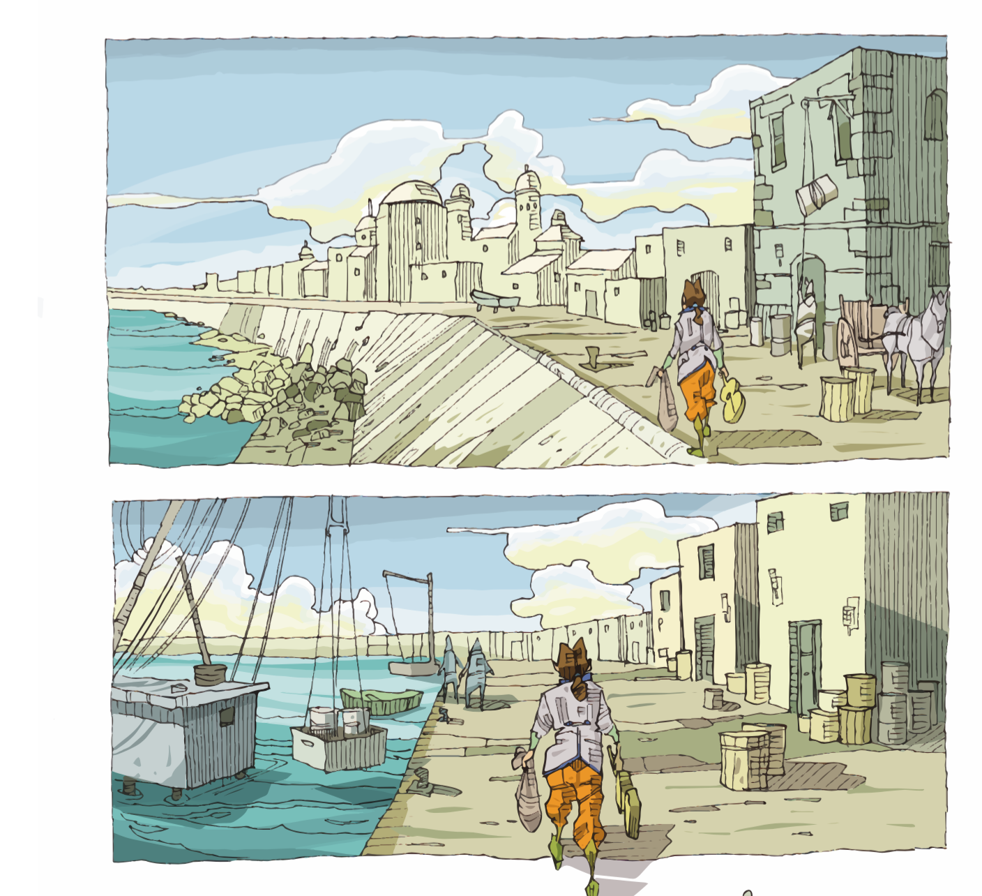 Harbor of Cádiz, 17th century. Illustration from Escarramán by Alberto de Arriba Guisande. 