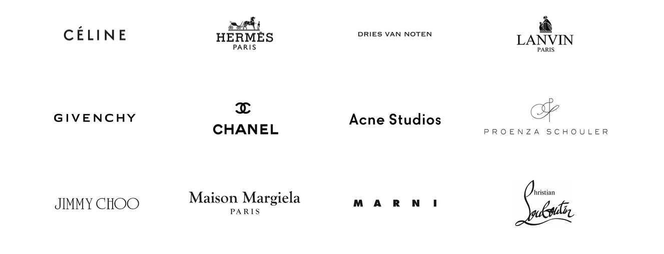 A collection of luxury fashion brand logos, including Céline, Hermès, Dries Van Noten, Lanvin, Givenchy, Chanel, Acne Studios, Proenza Schouler, Jimmy Choo, Maison Margiela, Marni, and Christian Louboutin.