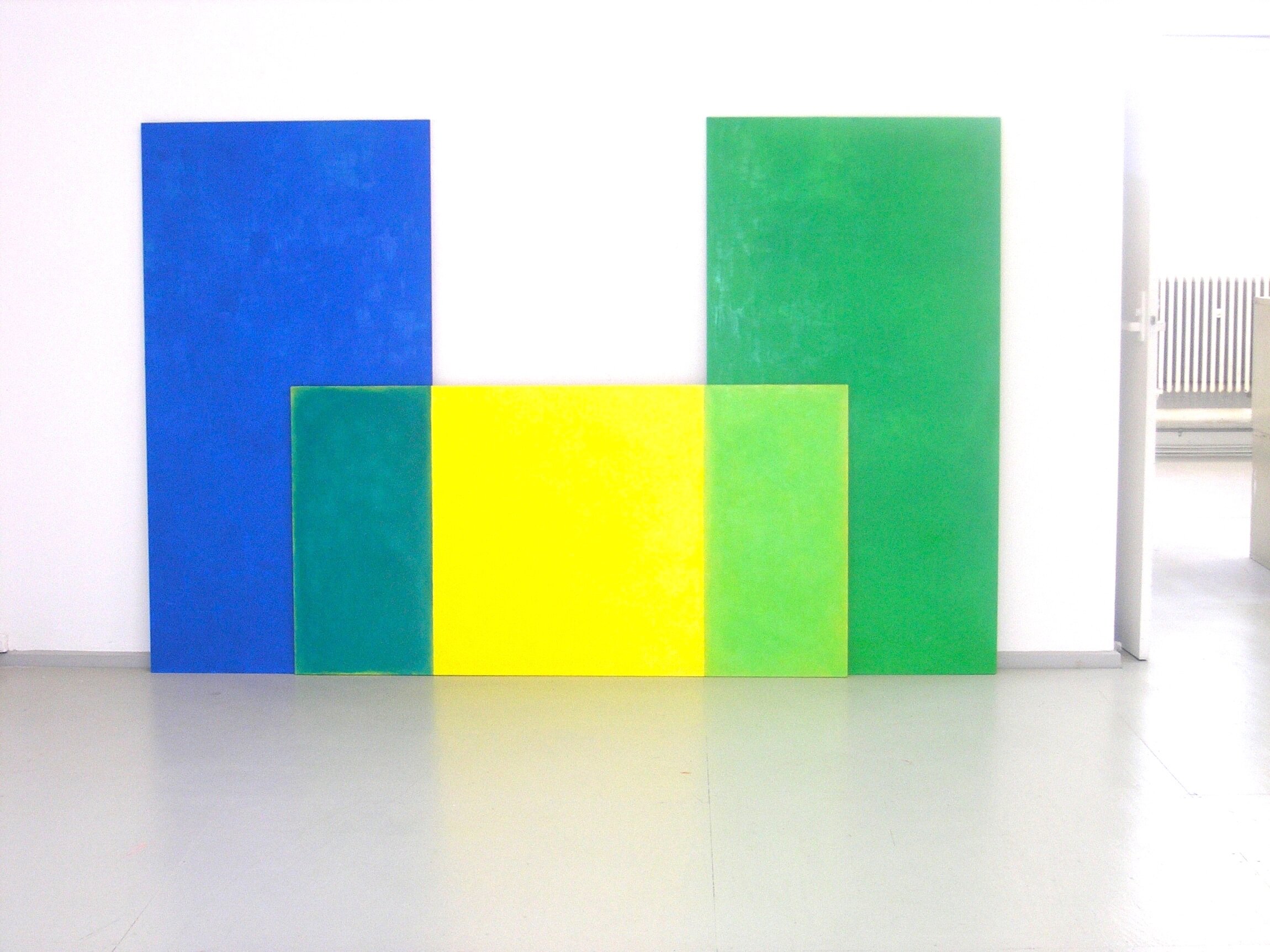 Oil painting on 3 separate wood sheets …”connection through colour and what changes when overlapped’ - as metaphor for relationships, influences etc…