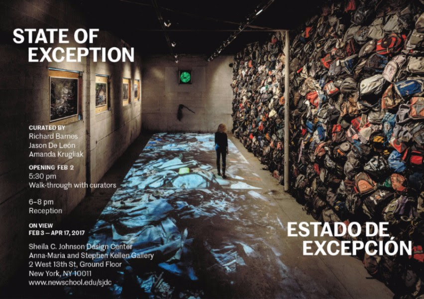 The Sheila C. Johnson Design Center (SJDC) at Parsons School of Design presents State of Exception/Estado de Excepción, an exhibition featuring traces of the human experience of migration, including objects left behind by unauthorized border crossers on their journey through the desert into the United States. Together with other forms of related material, they were collected as part of the research of University of Michigan anthropologist Jason De León’s Undocumented Migration Project . Created by artist/photographer Richard Barnes and artist/curator Amanda Krugliak in collaboration with De León, the exhibition includes an installation of hundreds of backpacks left behind by migrants crossing the Sonora Desert of southern Arizona, numerous pieces of clothing and ephemera, and photographs and videos taken by Barnes on location along the U.S.-Mexico border. The installation also features excerpts of original recordings of audio interviews with migrants as part of De León’s work. “Now, more than ever, in the aftermath of a presidential campaign that fed off anti-immigrant and xenophobic rhetoric, it is absolutely critical to look deeper into the migrant experience and raise questions as to what the future may hold for the thousands of people fleeing dire poverty, drug cartel violence, and political instability to the south,” the curators said in a statement. “State of Exception/Estado de Excepción honors the sheer materiality of the migrant experience. These objects are fragments of a history of both suffering and resiliency, and the images and voices reveal the desolation, hope and trials of their odysseys.” “With this exhibition, we are pleased to declare the SJDC galleries a state of inclusion in which migrants are welcome,” said Radhika Subramaniam, Director/Chief Curator of the SJDC. State of Exception/Estado de Excepción was launched at the Institute for the Humanities at the University of Michigan and has travelled to Detroit, Grand Rapids, Mich., and Phoenix prior to its presentation in New York City. At each venue, the exhibition has been updated to include new material, reflecting and responding to the ongoing public debate around immigration, as well as the continuous efforts to reform immigration in the United States and the inevitable backlash. This fifth edition features new objects: tires used by U.S. Border Patrol to clear the ground and make desert footprints more visible, and photographs taken by migrants themselves on their perilous journeys.