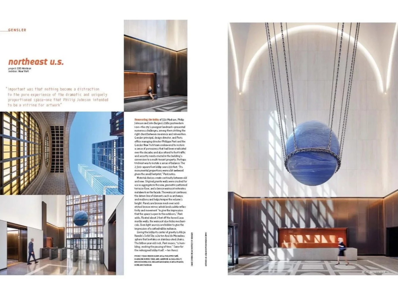 Interior Design story on 550 Madison Lobby renovation by Gensler, photography by James Ewing. 