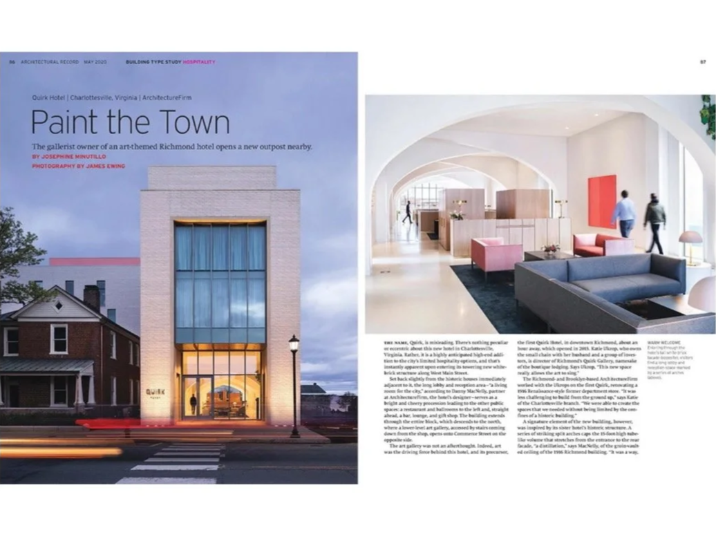 Architectural Record feature on QUIRK HOTEL DESIGNED BY ARCHITECTUREFIRM with photography by James Ewing.