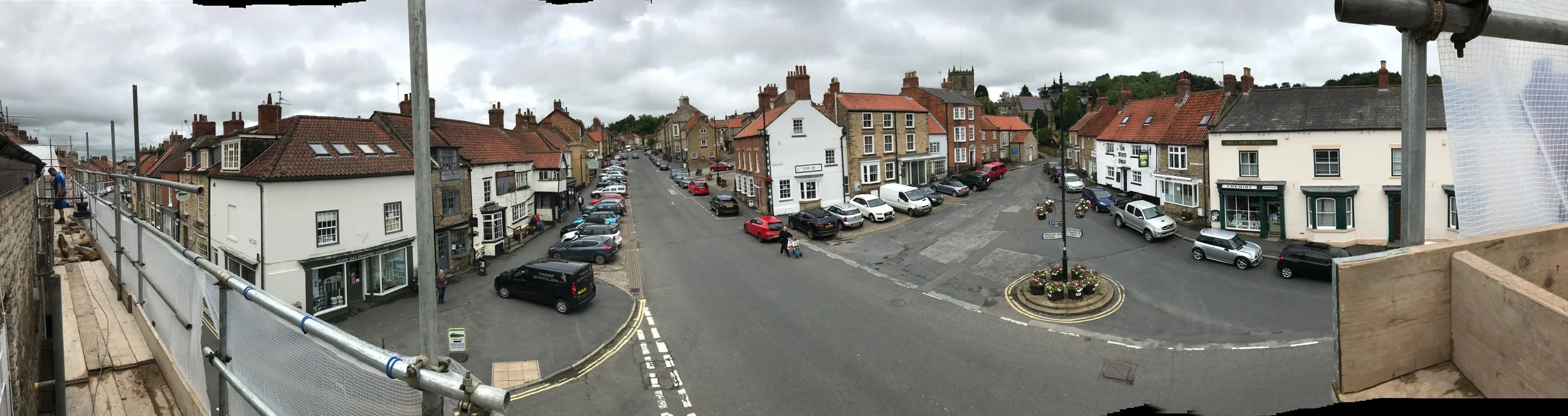 The panorama from the top level of scaffolding. A not much seen viewpoint of Kirkbymoorside Market Place.