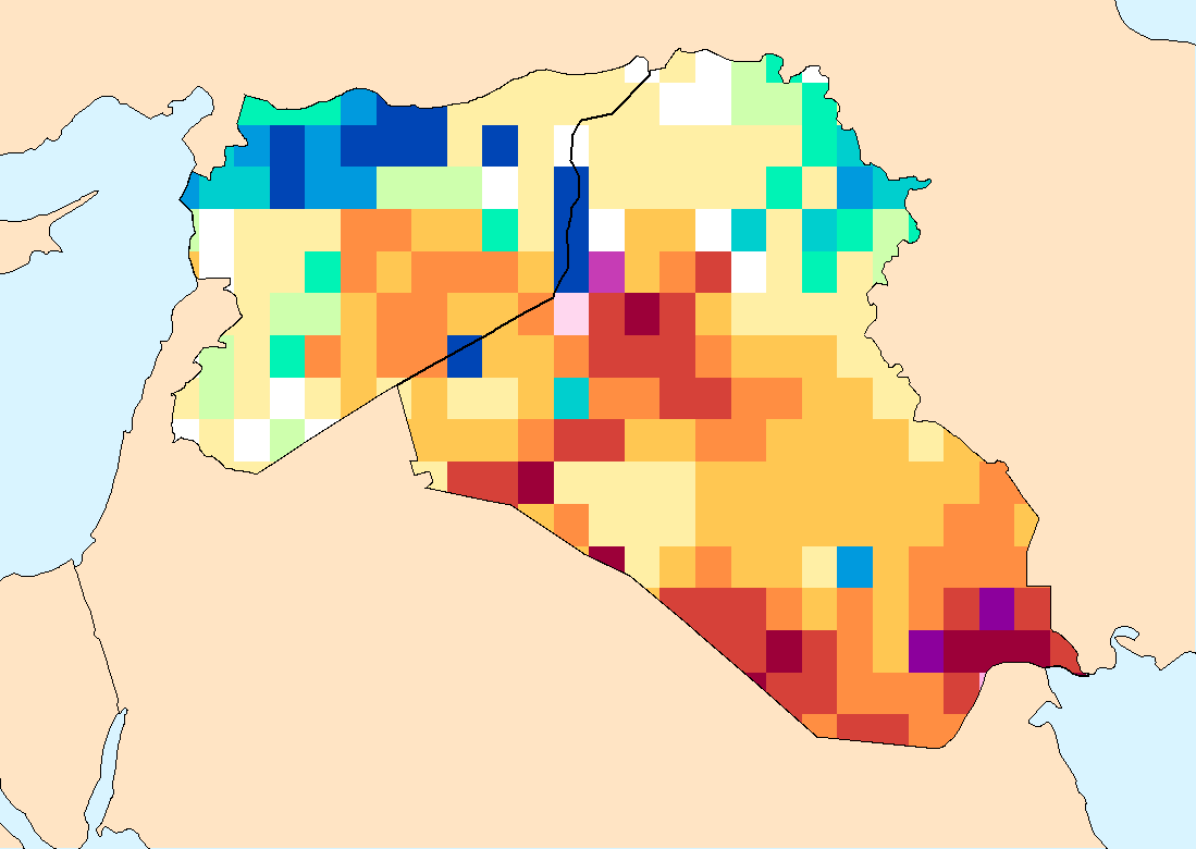 Composite water anomaly index map Syria and Iraq Mar 2015 - May 2015. Blues indicate more water than usual, reds less water than usual. Units are in “return period” (the inverse of the probability of seeing an anomaly of that magnitude or worse).