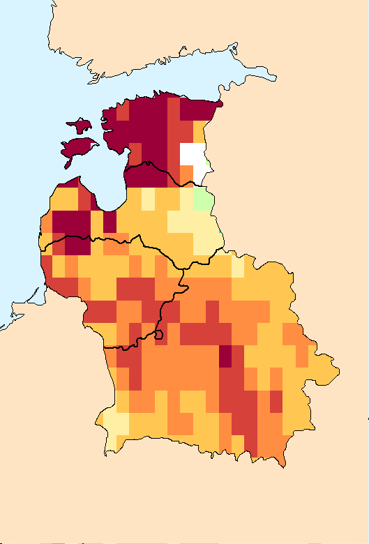 Composite water anomaly index map for Belarus, Estonia, Latvia, and Lithuania (April-September 2015).