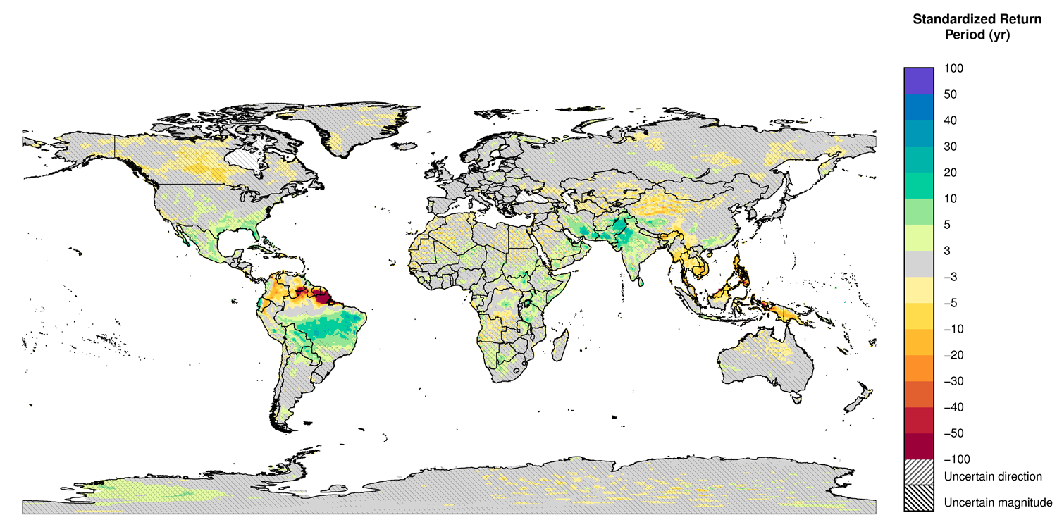 Precipitation outlook for May 2015 based on an ensemble of 28 NOAA CFSv2 seasonal forecasts issued April 15-21, 2015. Blues indicate more precipitation than usual, reds less precipitation than usual. Units are in “return period” (the inverse of the probability of seeing an anomaly of that magnitude or worse).