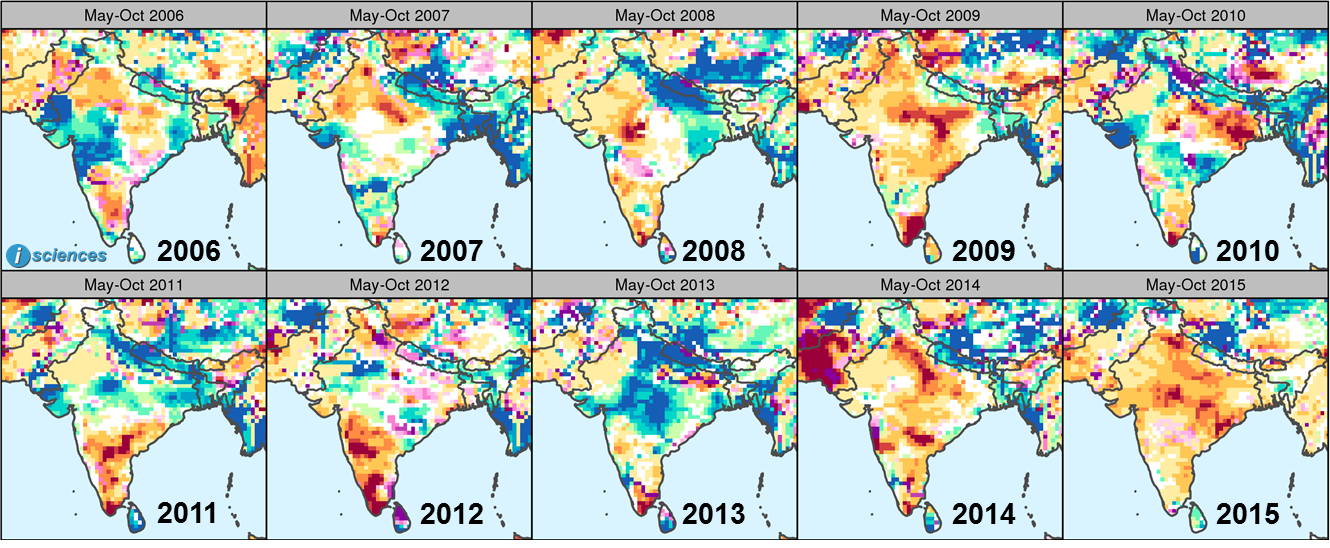 Figure 3. WSIM Composite Water Anomaly Index for the past ten Indian Monsoon Seasons (May-October 2006-2015)*