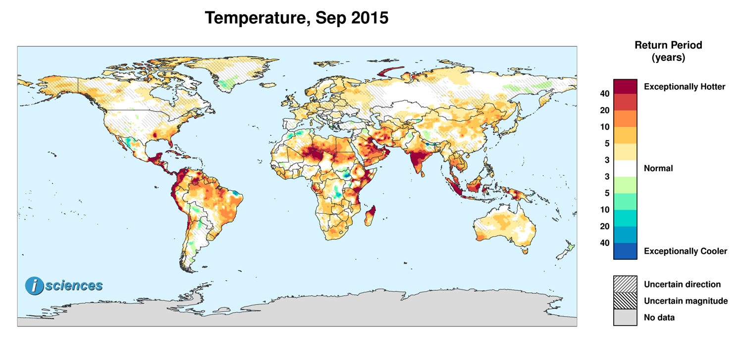 Temperature outlook for September 2015. Reds indicate above normal monthly average temperature. Blues indicate below normal monthly average temperature. The darker the color, the more extreme the anomaly relative to a 1950-2009 climatic baseline. Colors are based on the expected return period of the anomalies.