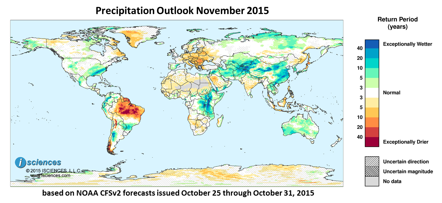 Precipitation outlook for November 2015. Reds indicate below normal monthly total precipitation. Blues indicate above normal monthly total precipitation. The darker the color, the more extreme the anomaly relative to a 1950-2009 climatic baseline. Colors are based on the expected return period of the anomalies.