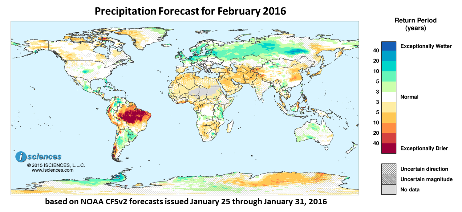 Precipitation outlook for January 2016. Reds indicate below normal monthly total precipitation. Blues indicate above normal monthly total precipitation. The darker the color, the more extreme the anomaly relative to a 1950-2009 climatic baseline. Colors are based on the expected return period of the anomalies.