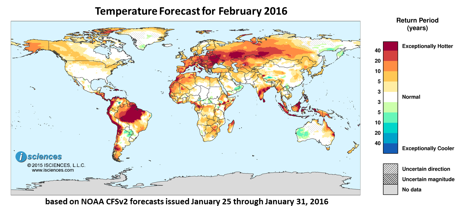 Temperature outlook for January 2016. Reds indicate above normal monthly average temperature. Blues indicate below normal monthly average temperature. The darker the color, the more extreme the anomaly relative to a 1950-2009 climatic baseline. Colors are based on the expected return period of the anomalies.